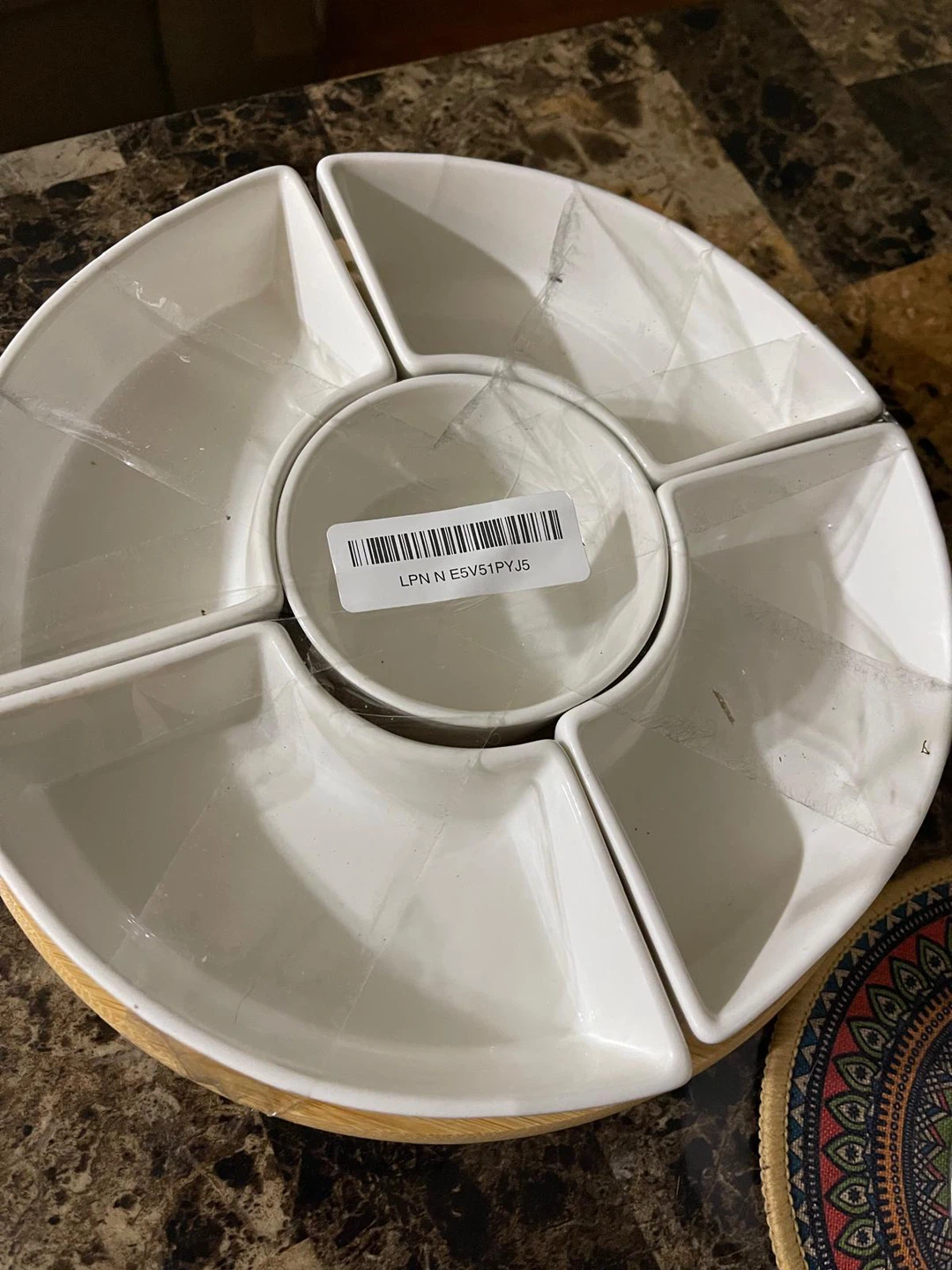 White Ceramic Serving Platter with rotating Wood Base