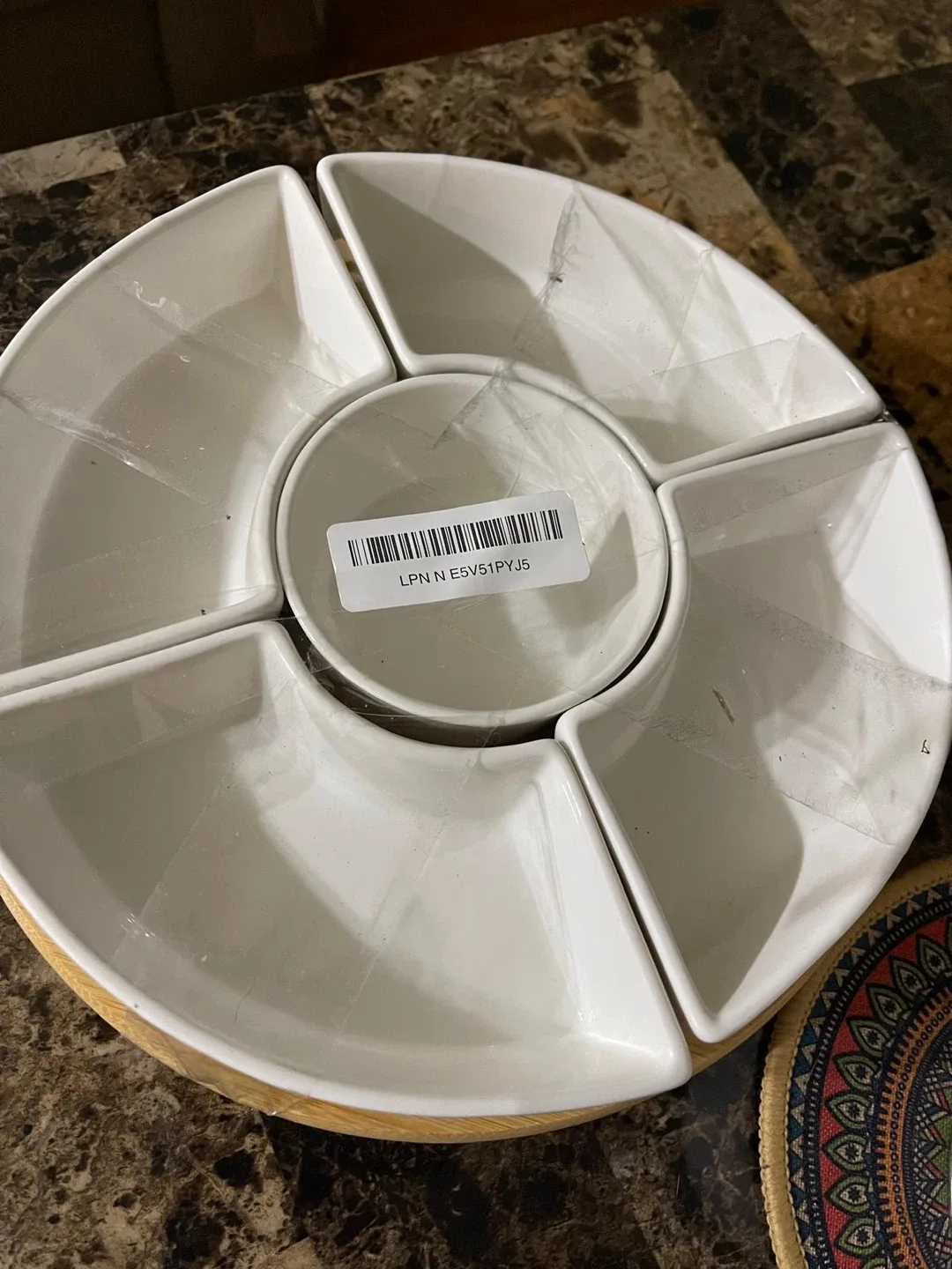 White Ceramic Serving Platter with rotating Wood Base