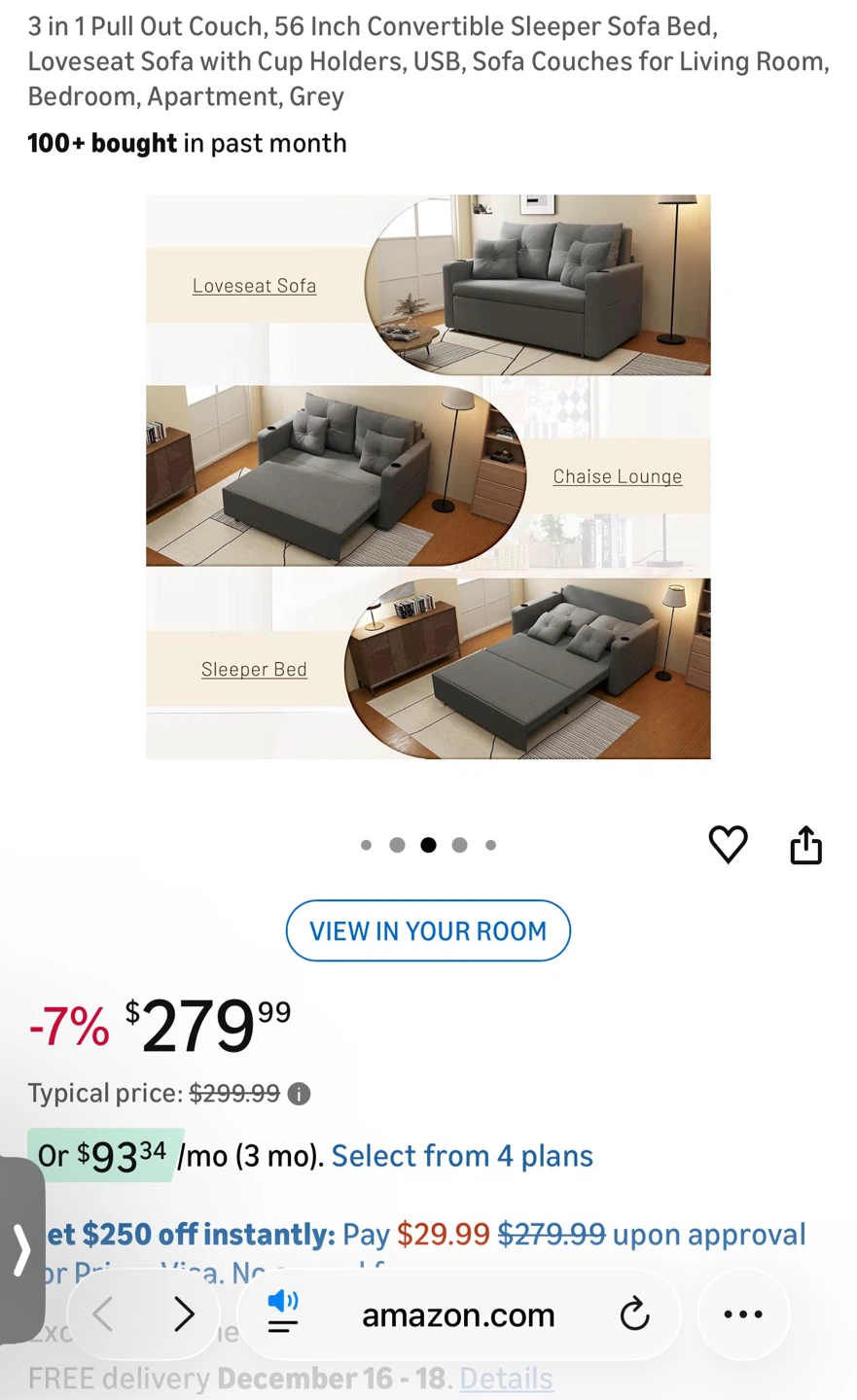 Grey 3 in 1 Pull Out Couch with Cup Holders - photo 5