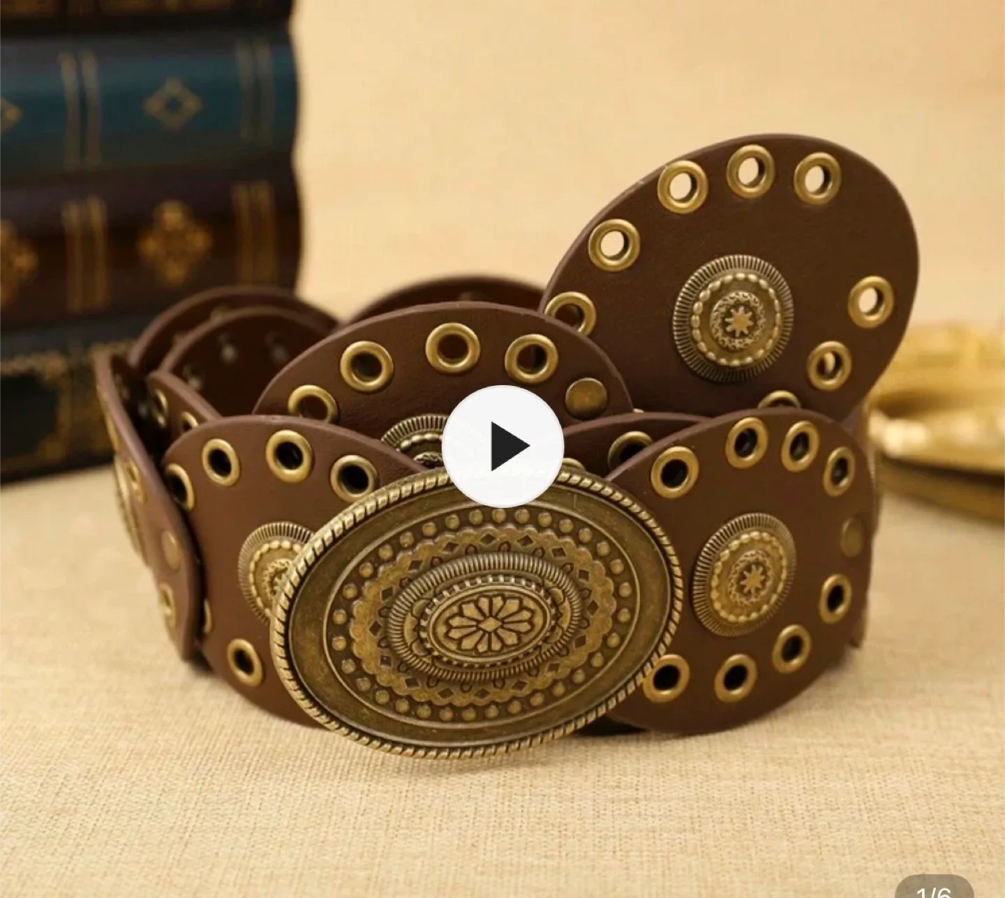 Brown Wide Leather Belt with Metal Details