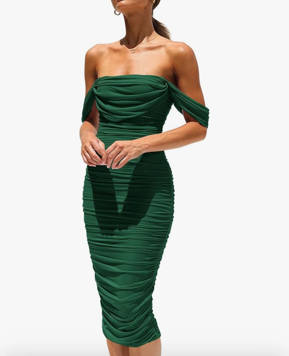 NEW! Green Ruched Off The Shoulder Bodycon Sexy Midi Dress - photo 3
