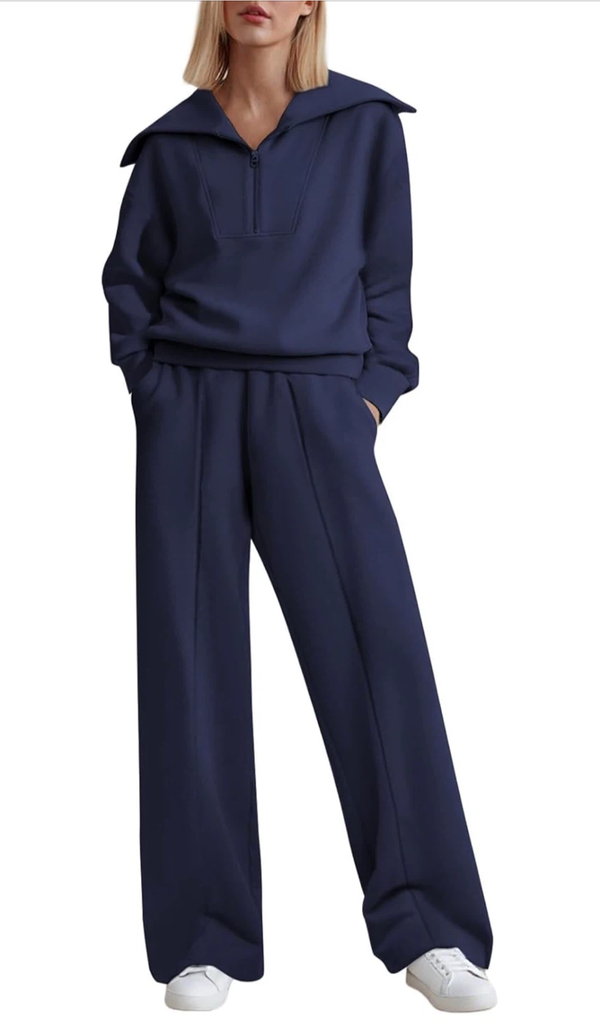 NEW! Navy Blue Half Zip Sweatshirt Wide Leg Sweatpant Lounge Set