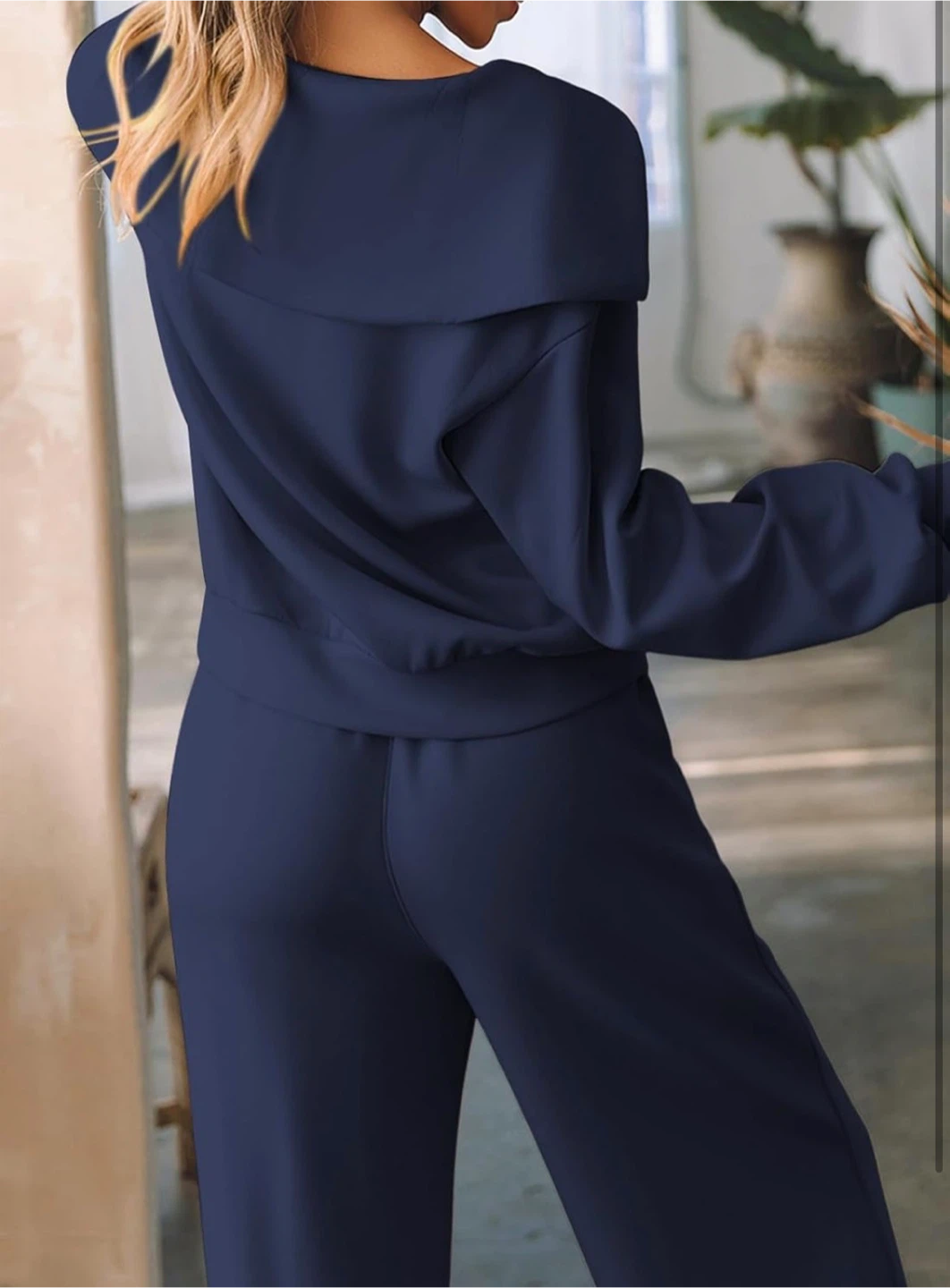 NEW! Navy Blue Half Zip Sweatshirt Wide Leg Sweatpant Lounge Set - photo 4