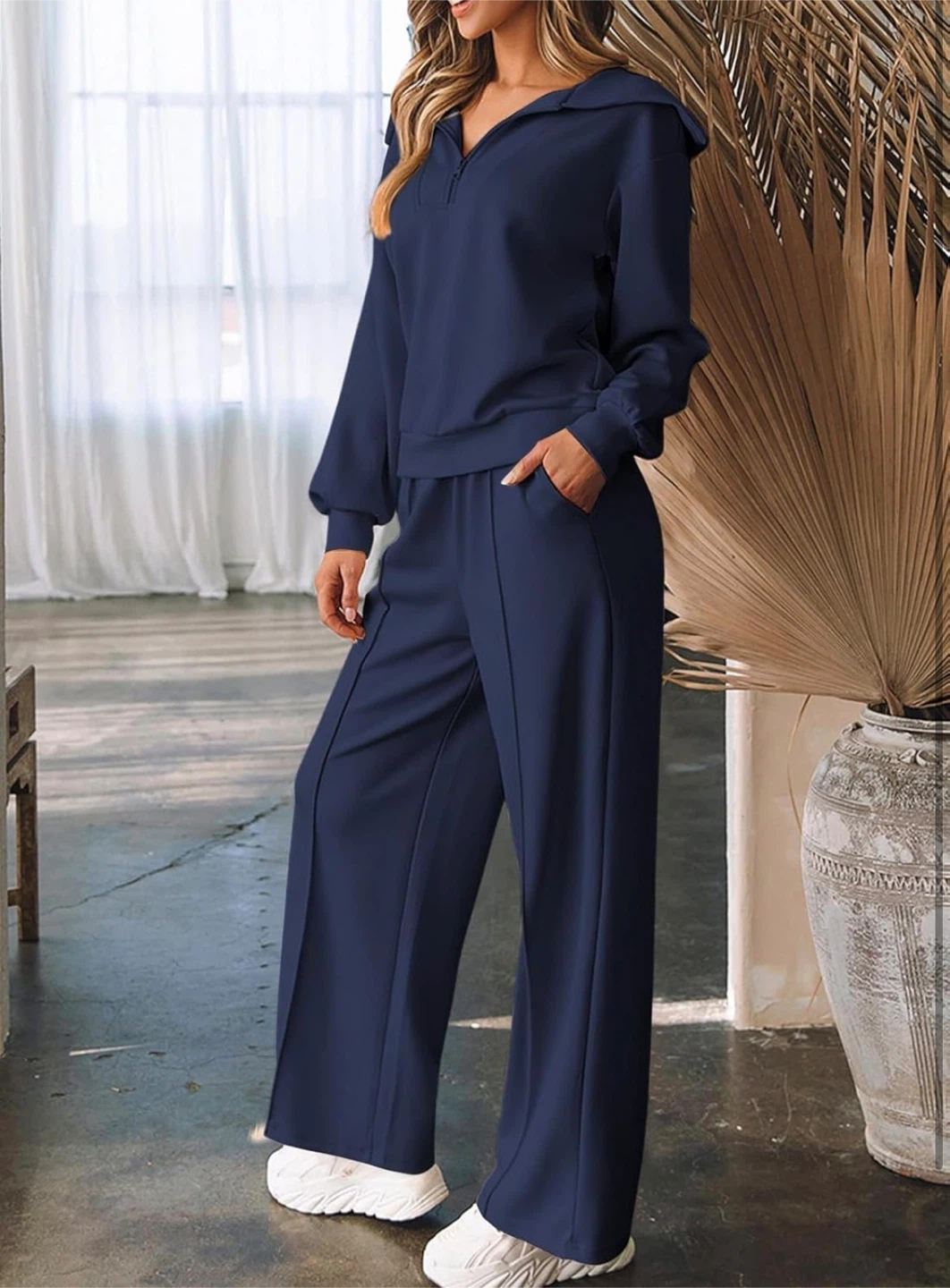 NEW! Navy Blue Half Zip Sweatshirt Wide Leg Sweatpant Lounge Set - photo 3