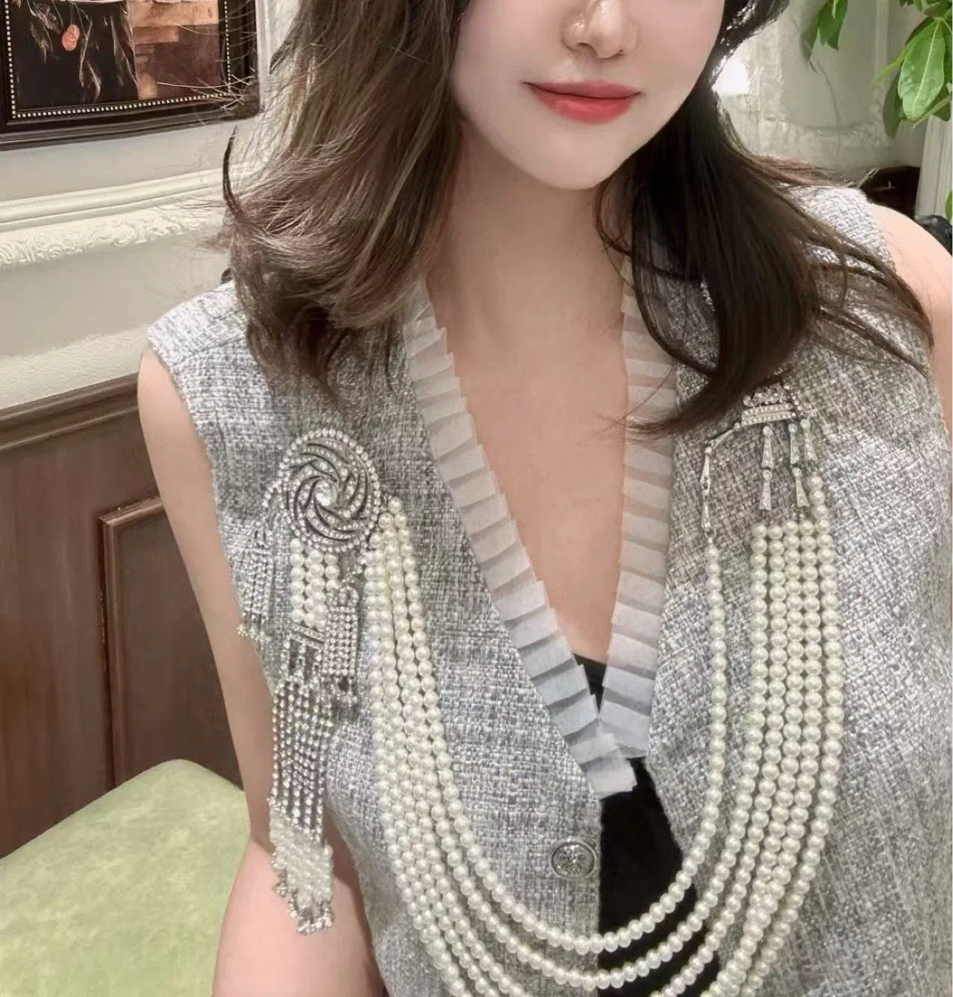 Grey Tweed Vest with Pearl Embellishments