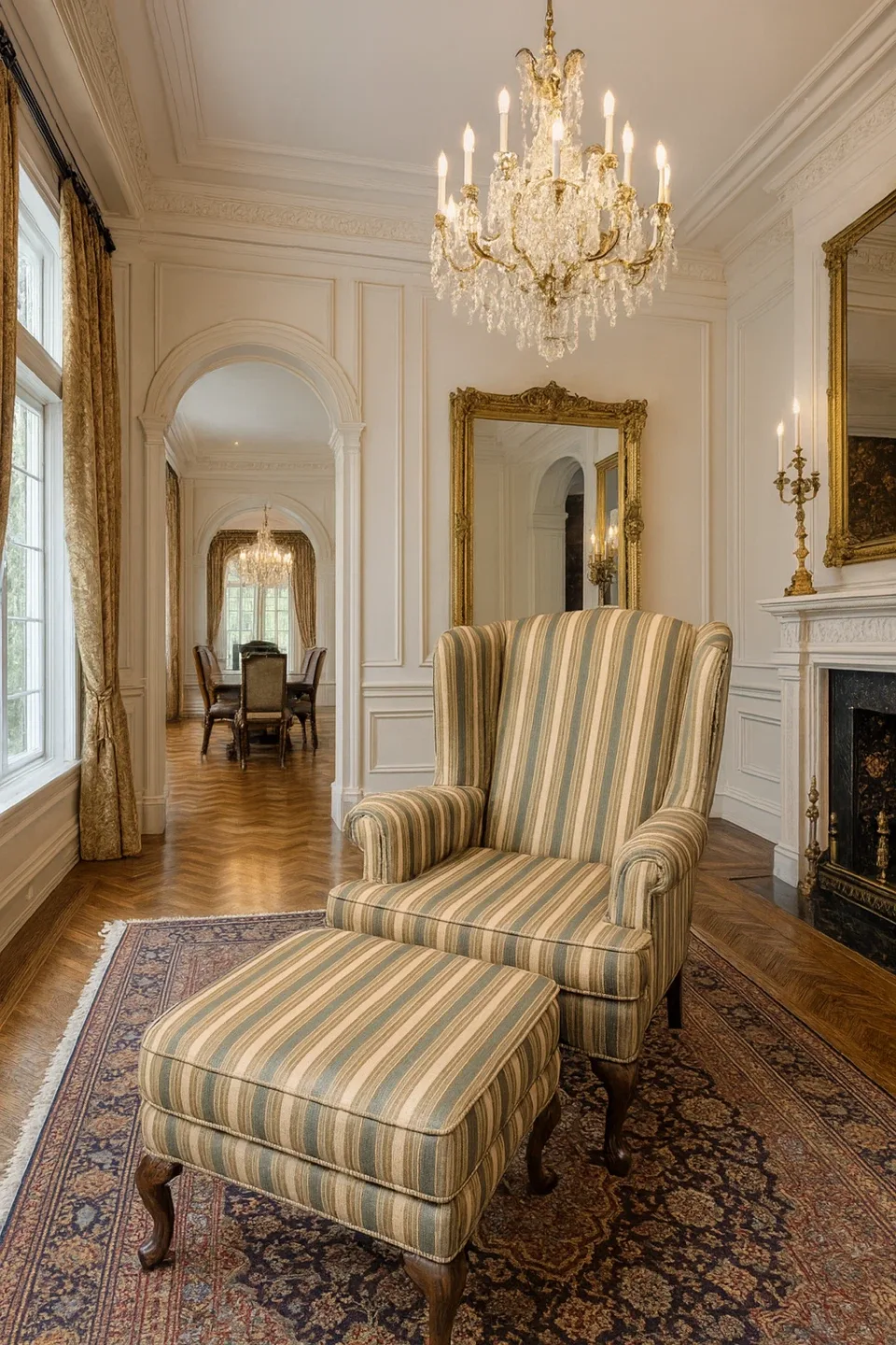 Striped Wingback Chair with Ottoman