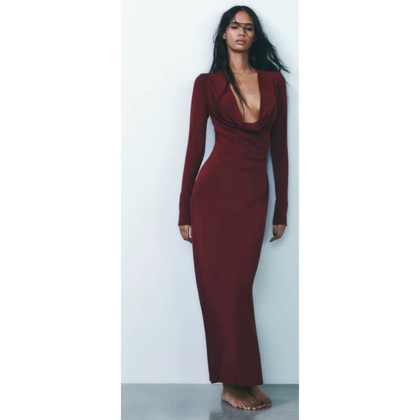 Zara Burgundy Draped Open Back Dress Plunging Neck Medium NEW