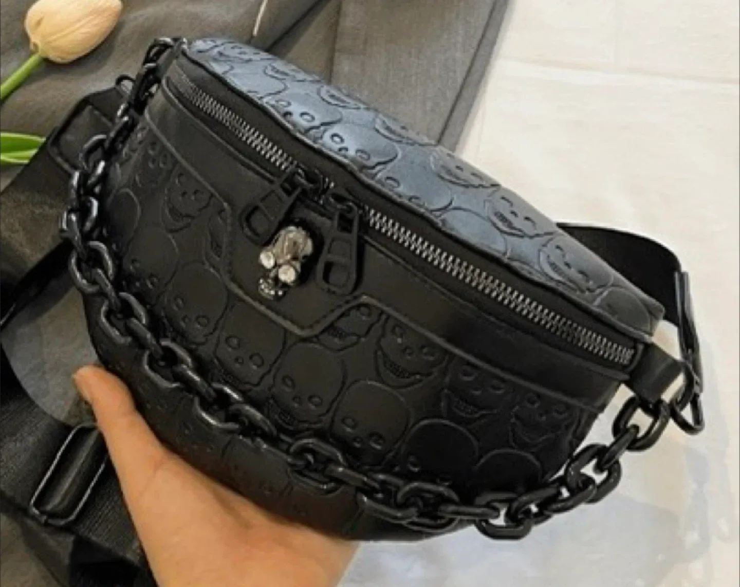Black Skull Embossed Chain Belt Bag