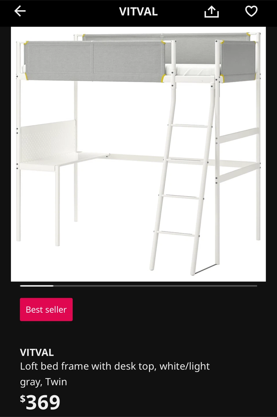 IKEA VITVAL Loft Bed Frame with Desk - photo 3