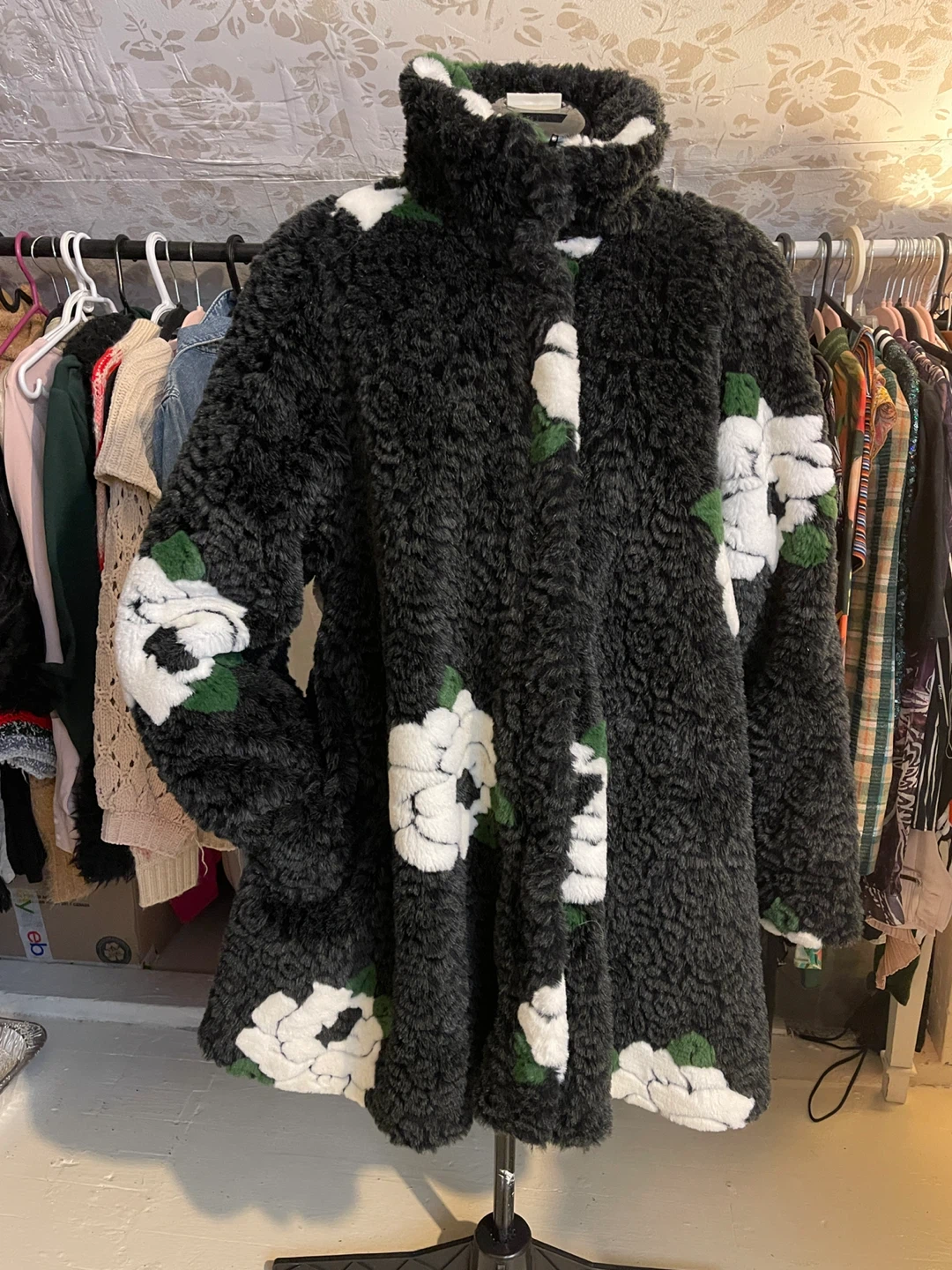 Vintage Faux Fur  Coat Black  Plush Jacket 90s  Medium Large