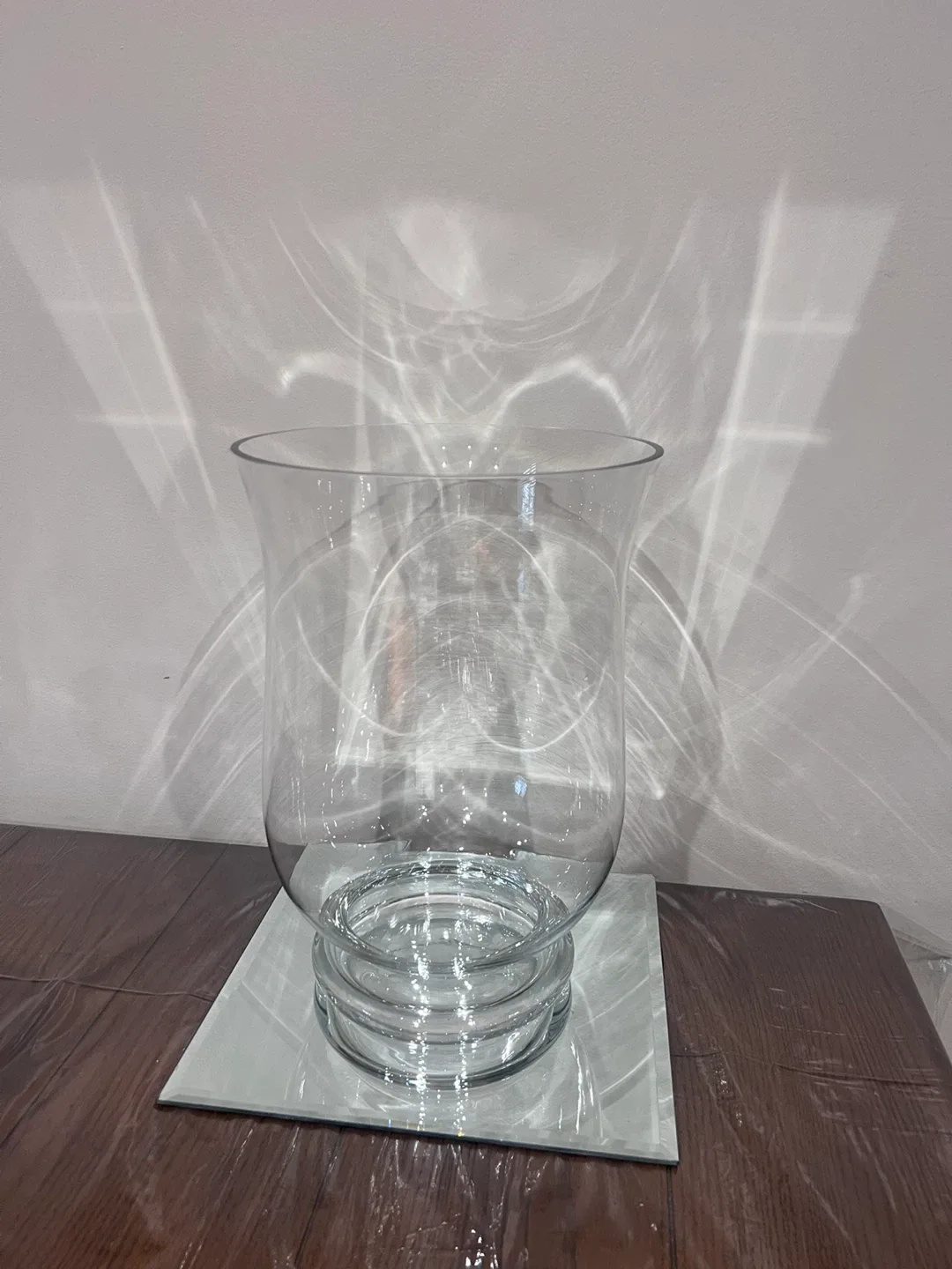 Large Clear Glass Hurricane Vase with Mirror Base