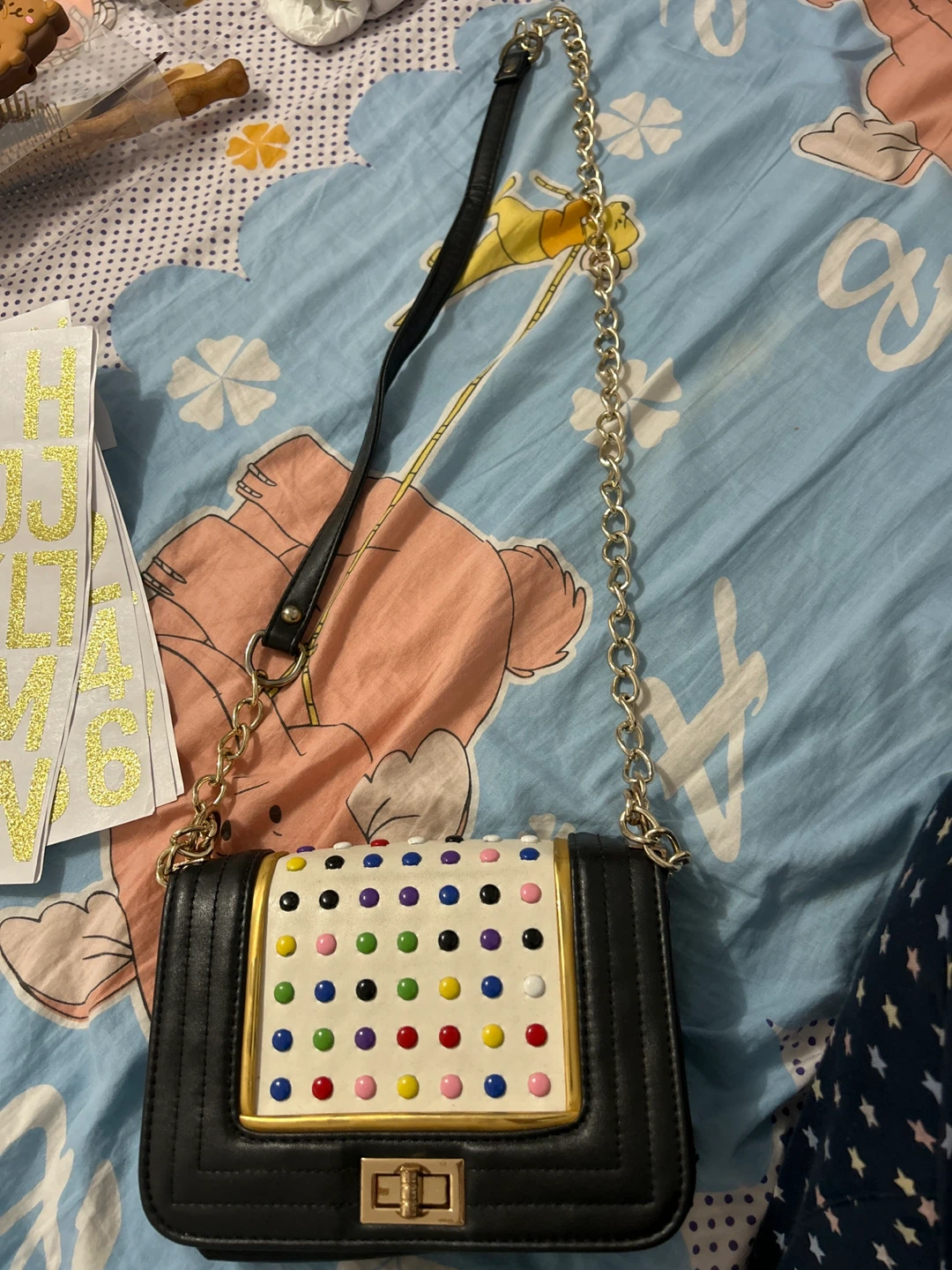 Black & White Shoulder Bag with Gold Chain