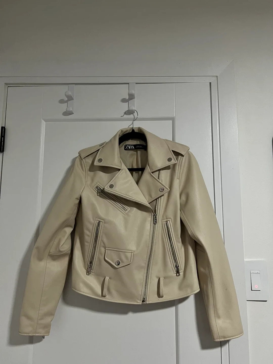 Zara Faux Leather Biker Jacket Beige - Size M