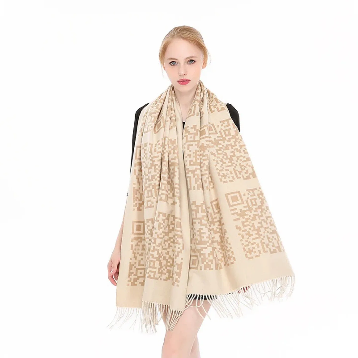 QR Code Print Scarf - Cream/Camel Brown