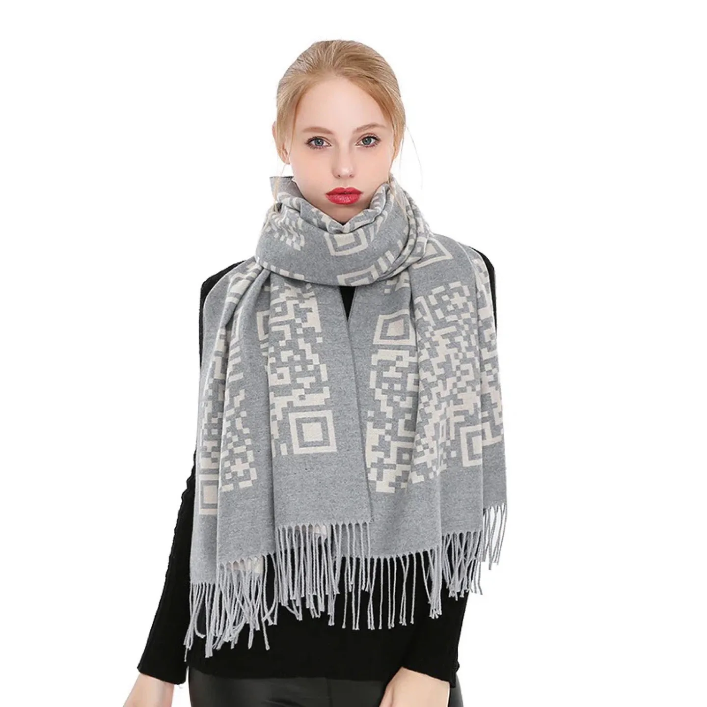 Grey QR Code Scarf with Fringe