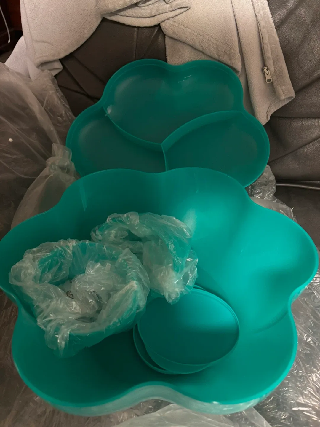 Teal Flower Shaped Plastic Serving Set