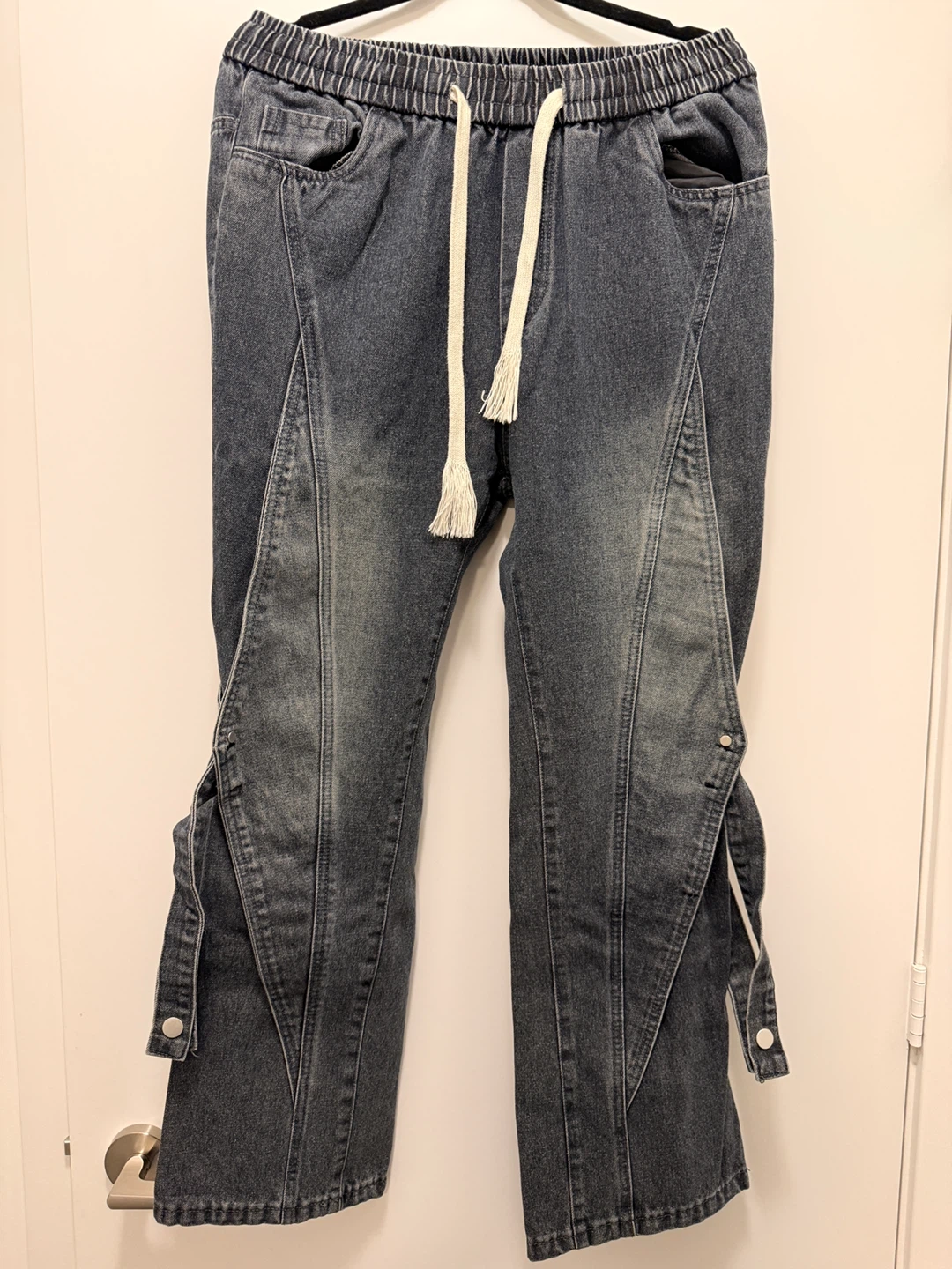 Roped Dark Denim Pants – Elastic Waist, Streetwear Fit