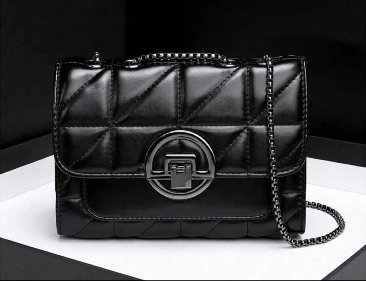 Black Quilted Shoulder Bag with Chain Strap