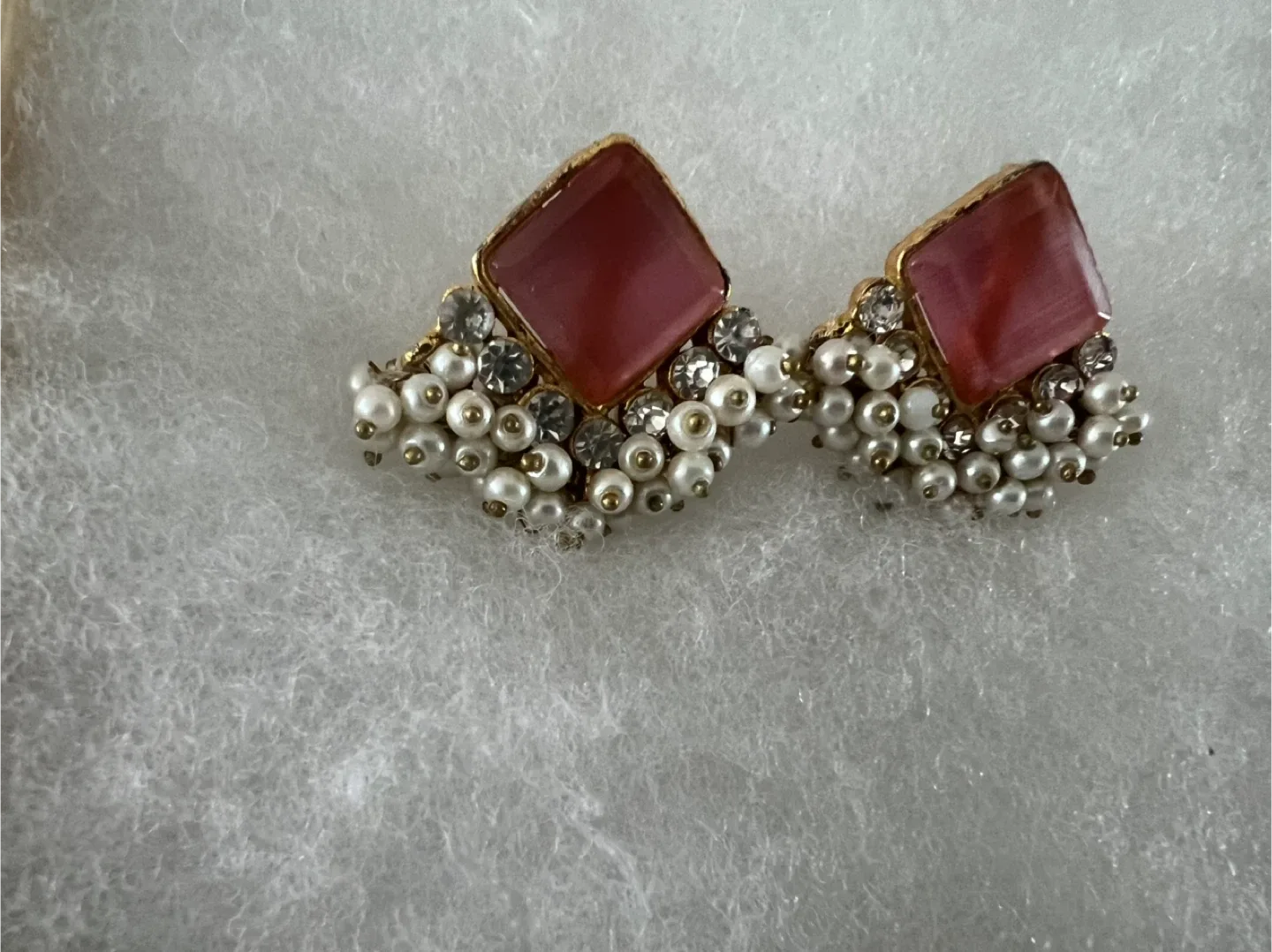 Earrings - Pink Stone with Pearl Details