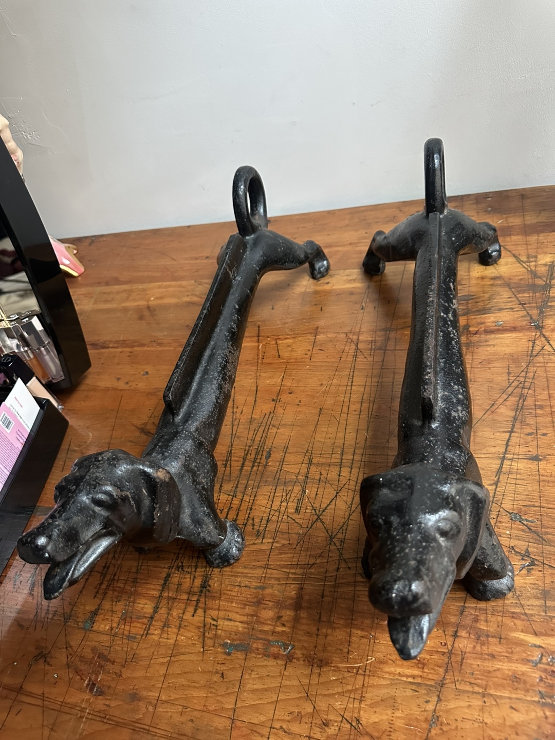 Antique Cast Iron Dachshund Pair Boot Scraper Door Stops HEAVY - photo 5