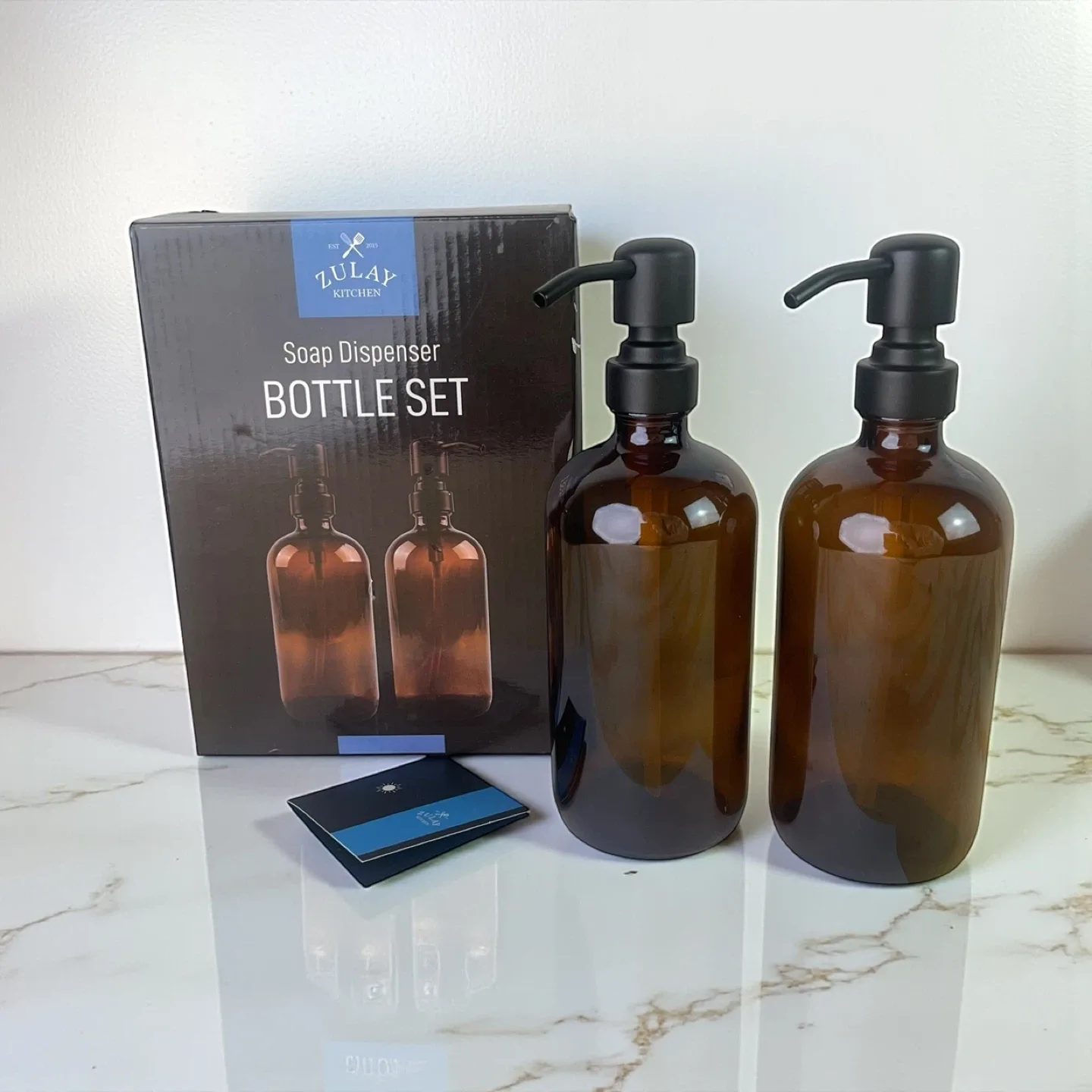Set of 2 Amber Glass Soap Dispenser Bottles with Pump - NEW