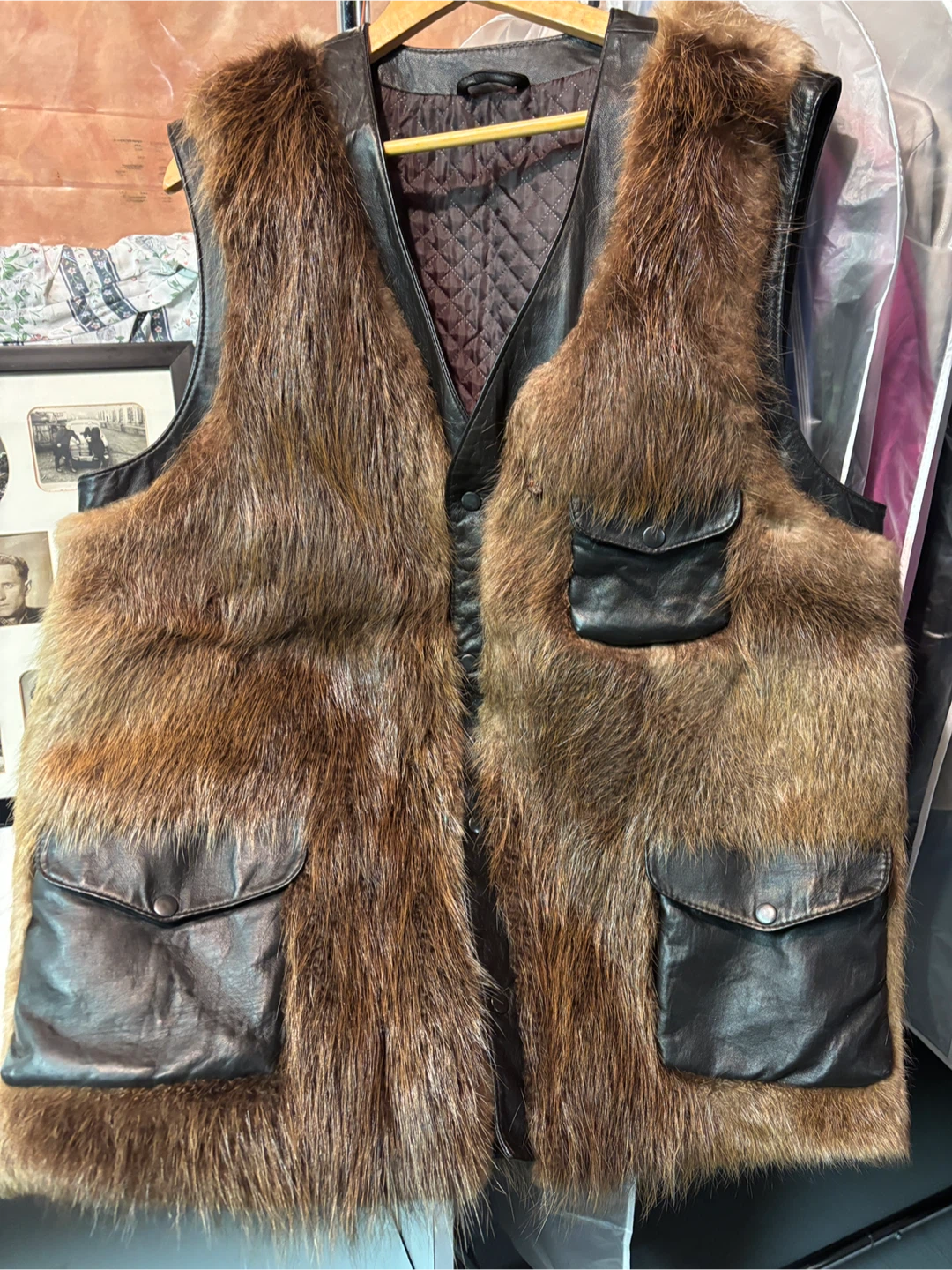 Fur Rainbow Leather Trim Vest, Size L-XL