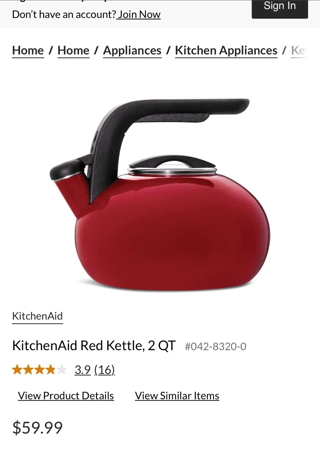 New-KitchenAid Red Kettle 2 QT