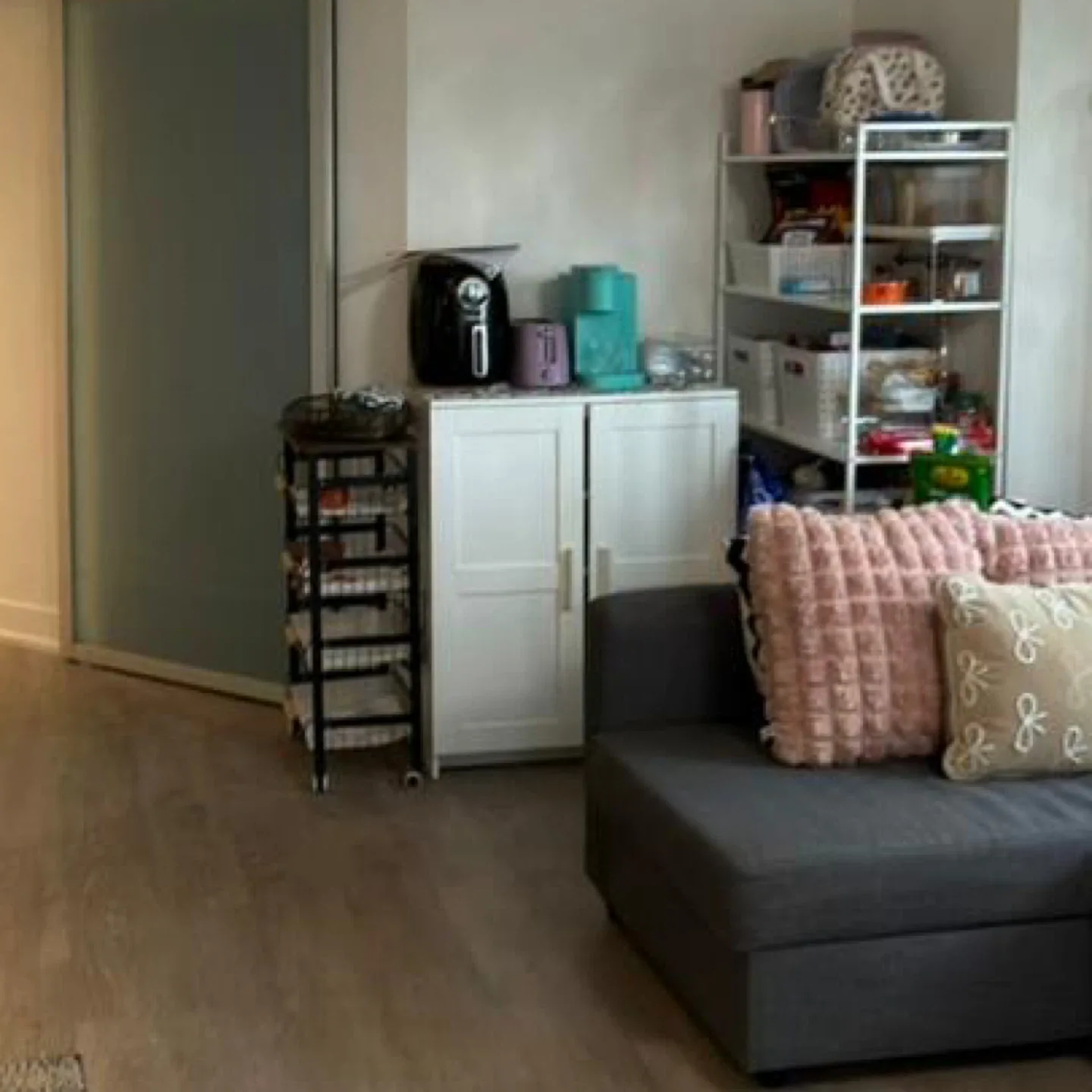 White cabinet + white metal shelves