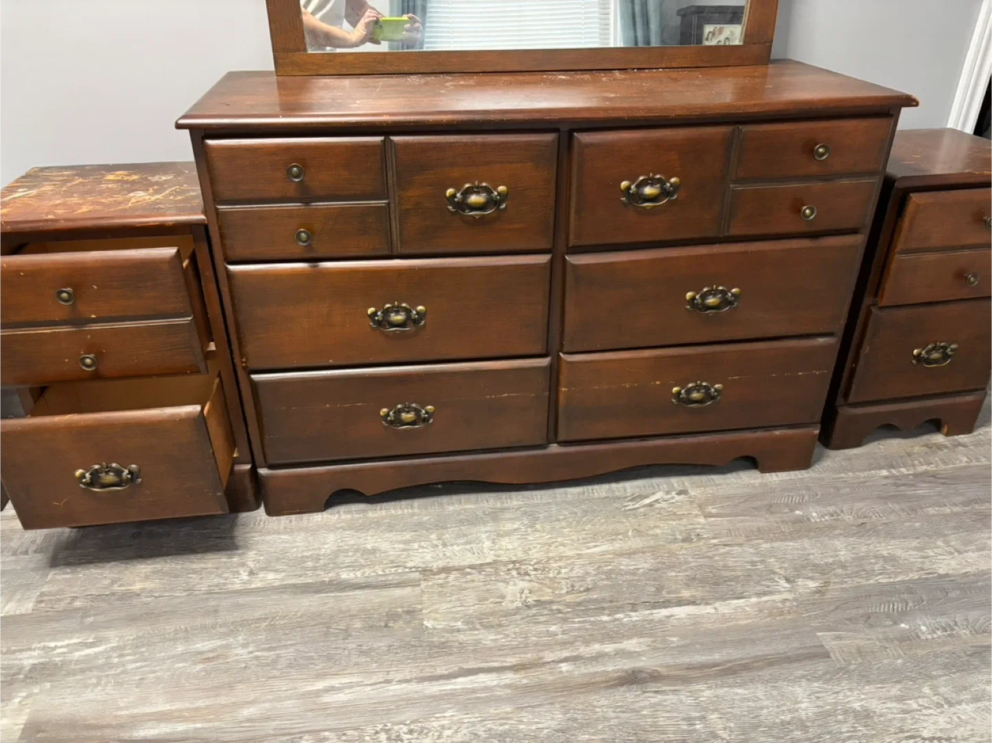 Vintage Brown Wood Dresser and 2 Side Tables