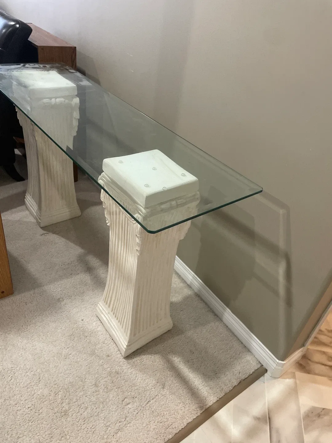 Glass Top Console Table with White Pedestal Base