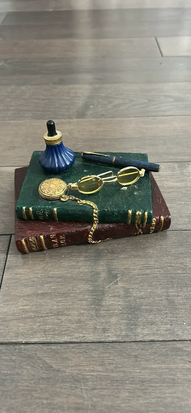 Decorative Book Stack with Pen, Ink, & Glasses