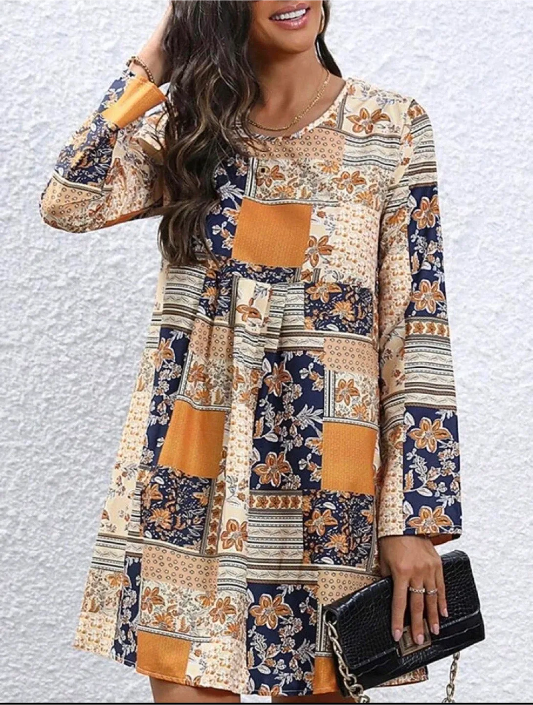Patchwork Print Long Sleeve Mini Dress