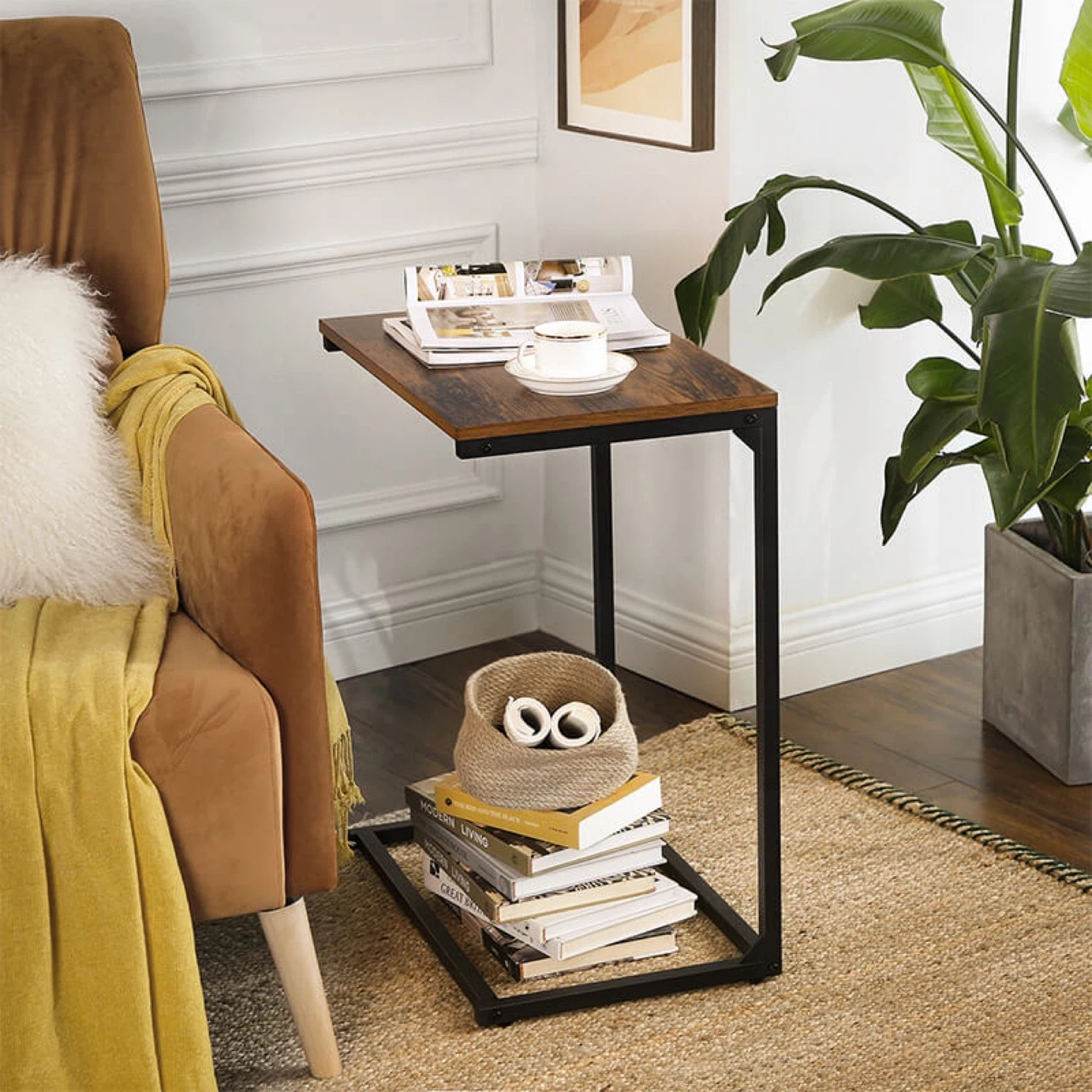 Brown C-Shaped End Table with Metal Frame