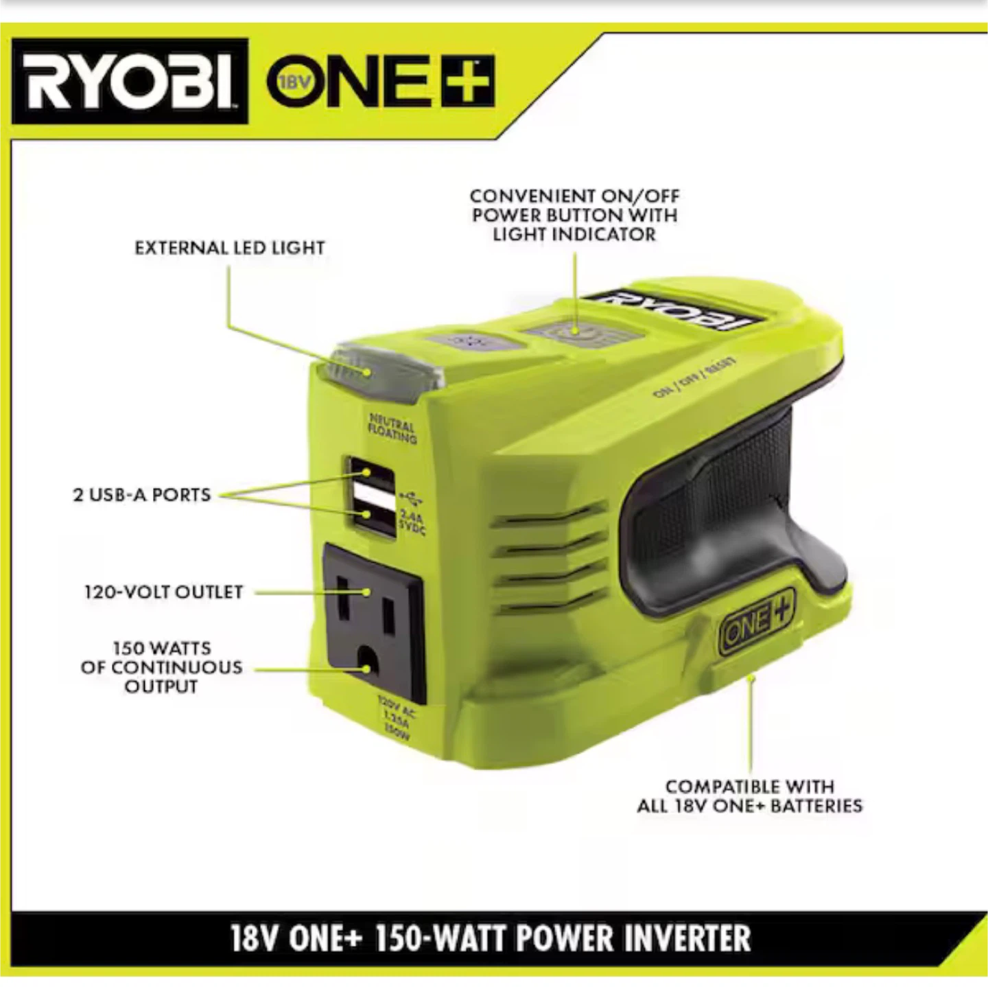 Ryobi 18V ONE+ 150-Watt Power Inverter (Tool Only) - photo 2