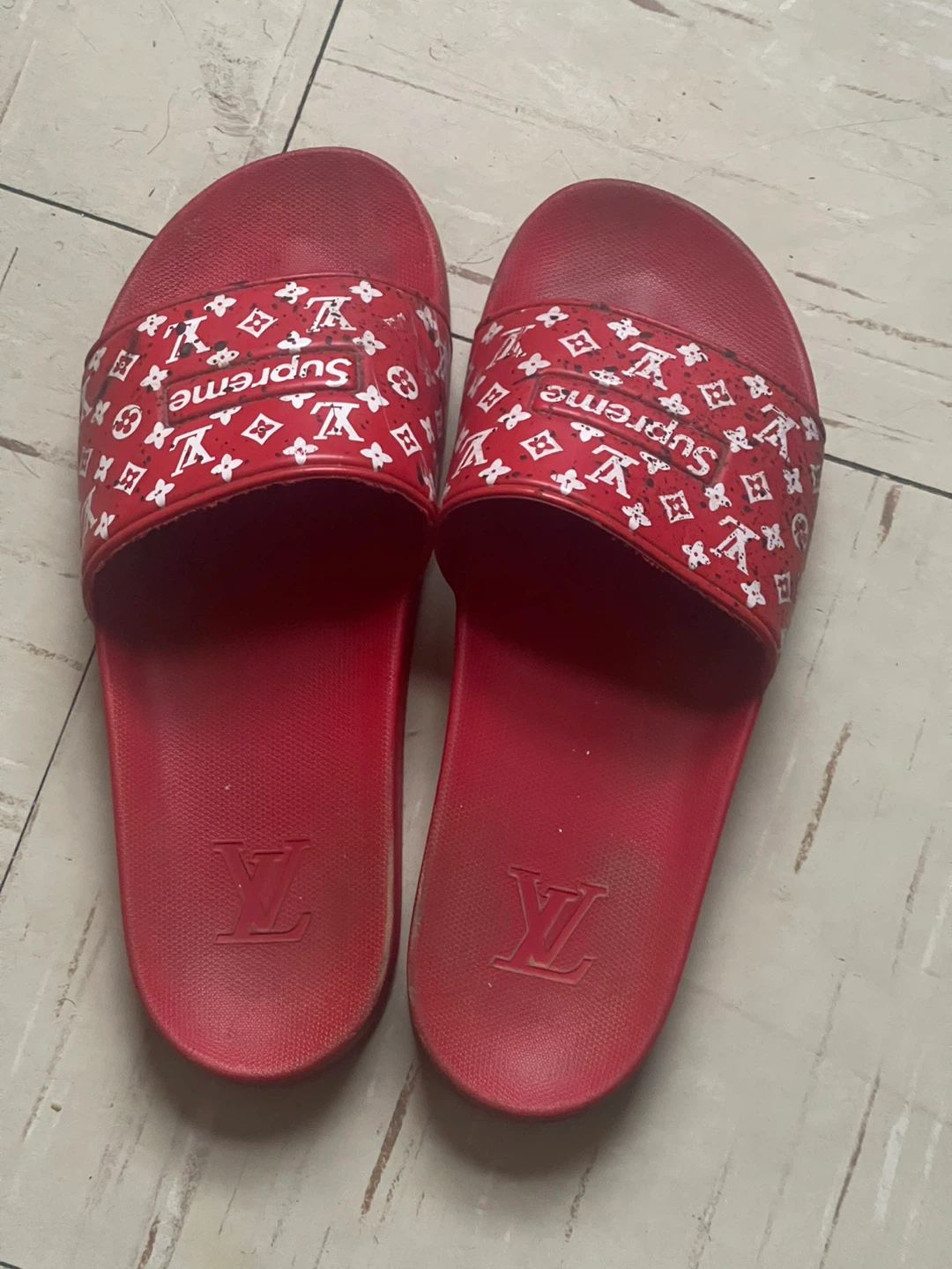 Louis Vuitton x Supreme Red Slides
