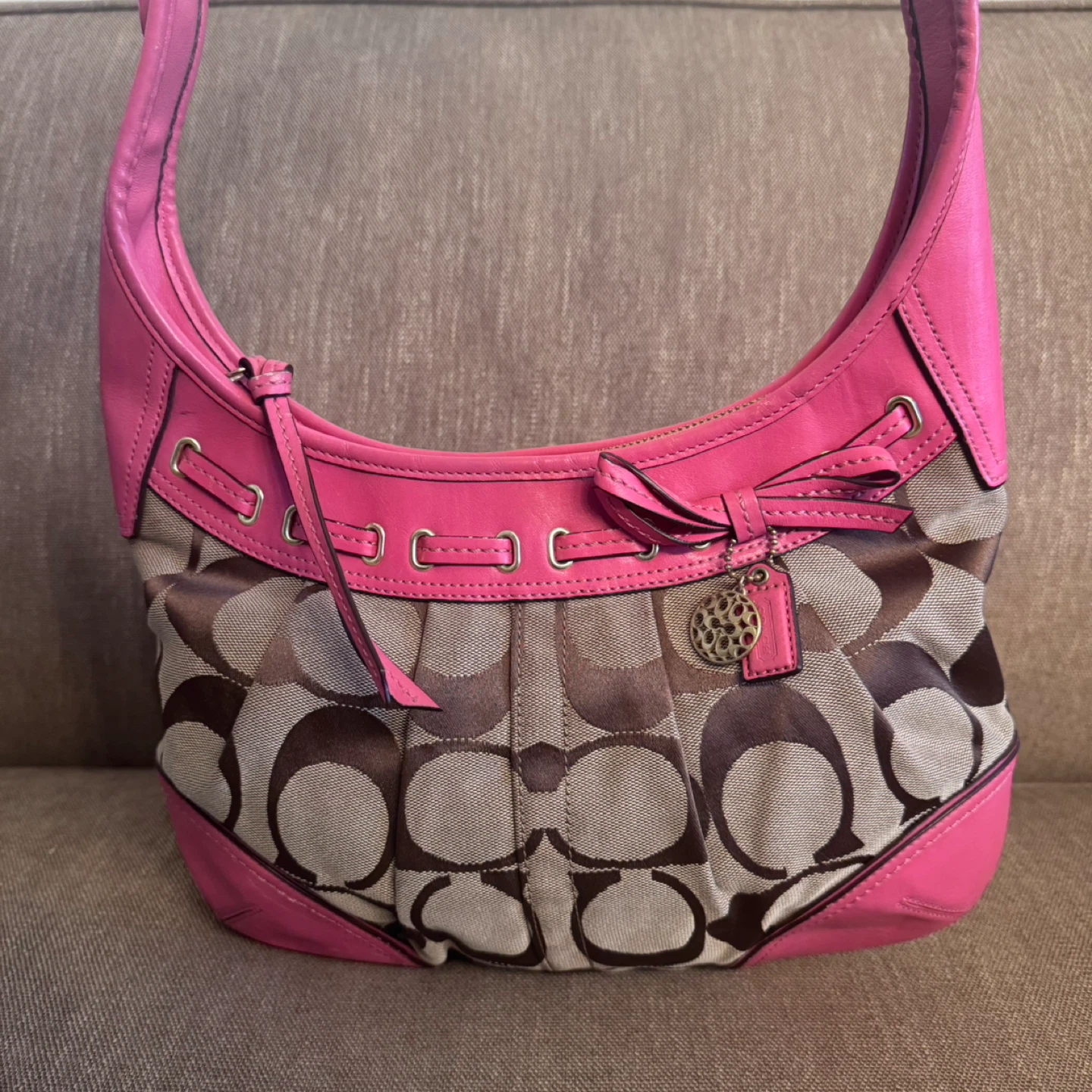 Coach Signature Print & Pink Leather Hobo Bag