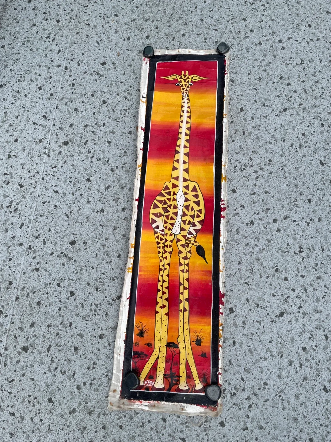 Zanzabar Tanzania cloth, giraffe, painting, tapestry, signed