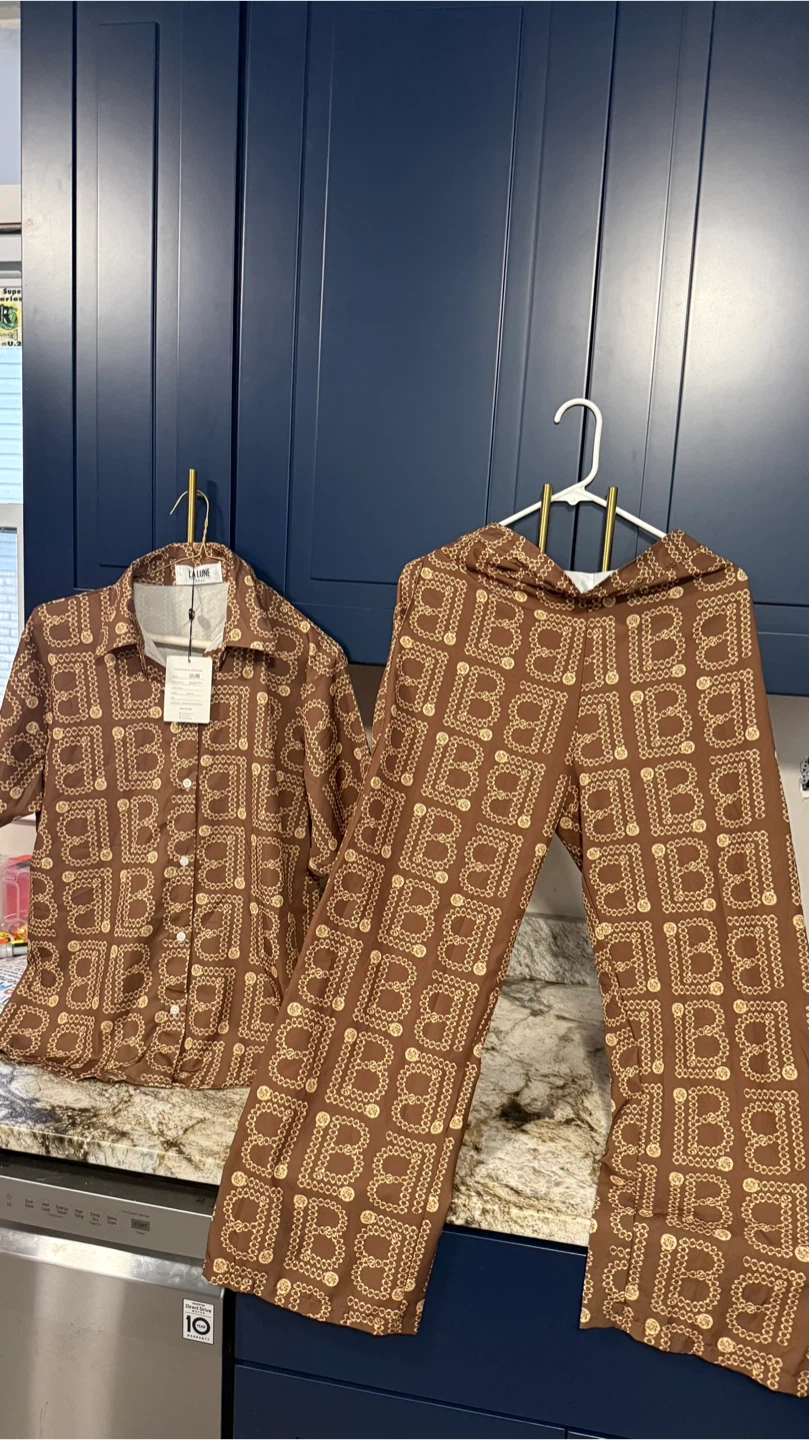 New La Lune Brown Patterned Shirt & Pants Set