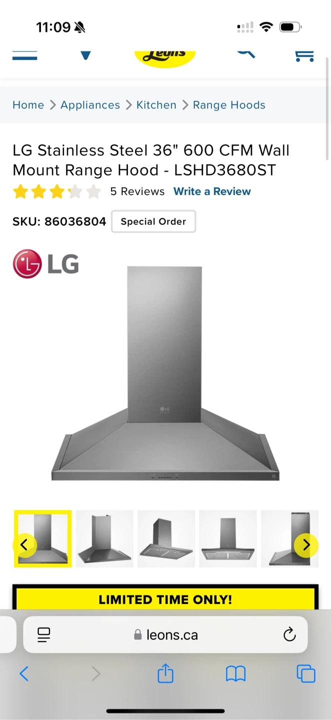 LG Stainless Steel 36" 600 CFM Wall Mount Range Hood