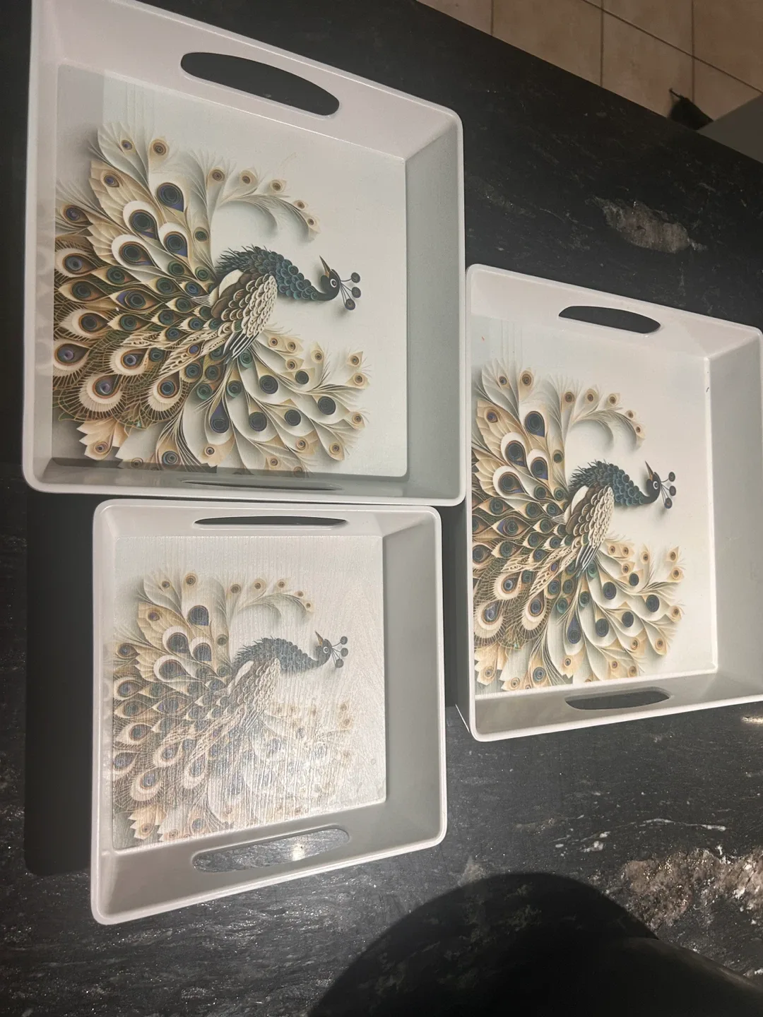 Set of 3 Peacock Design Serving Trays