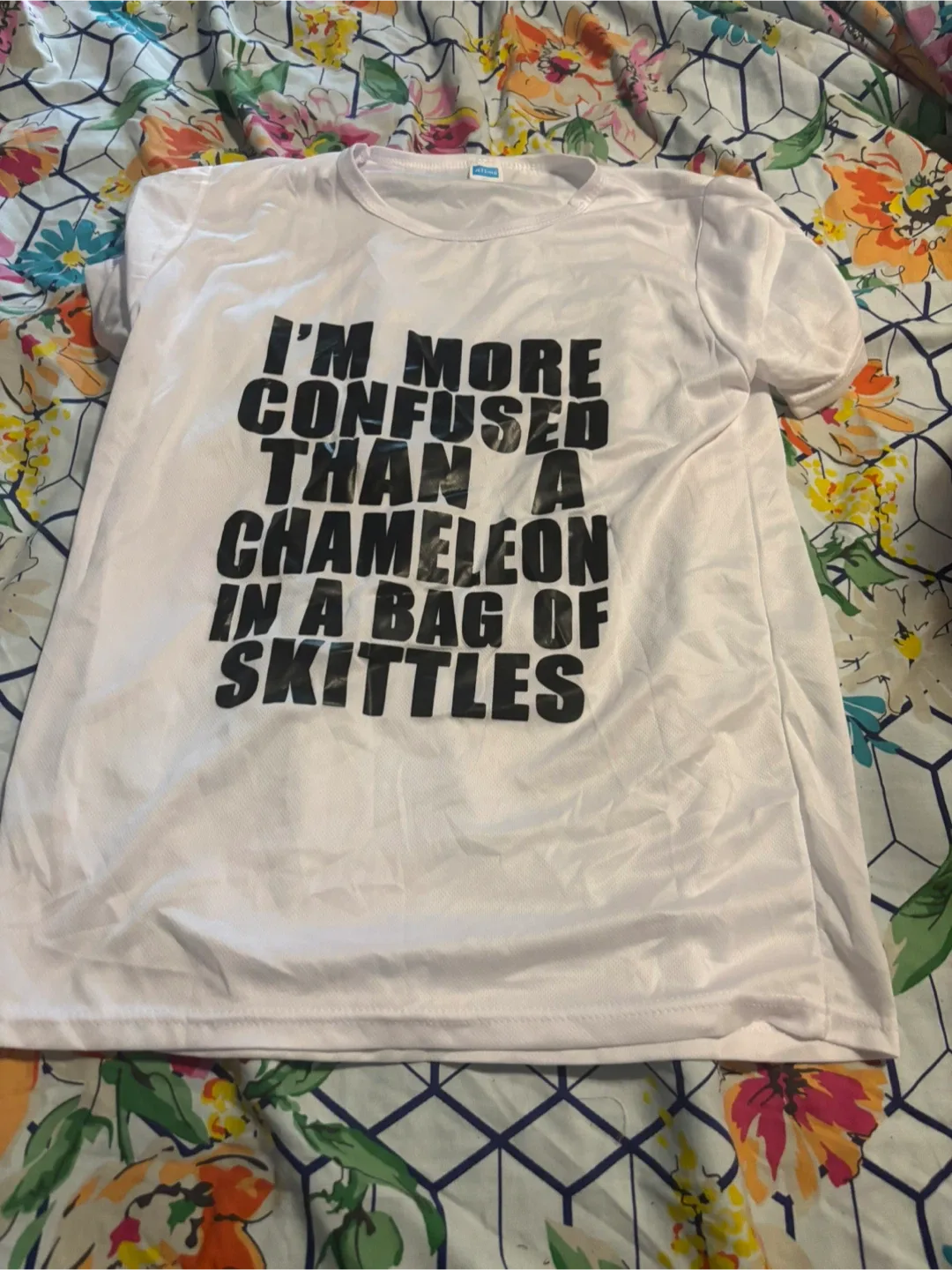 White T-shirt: Confused Chameleon Skittles