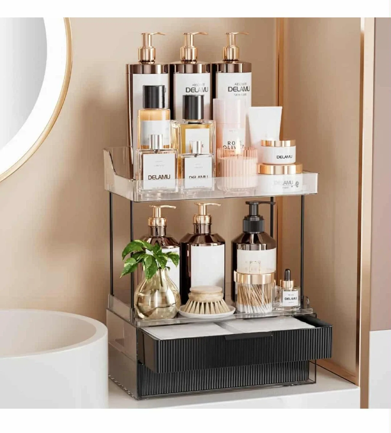 2-Tier 2-Drawer Makeup Skincare Organizer - Elegant Black