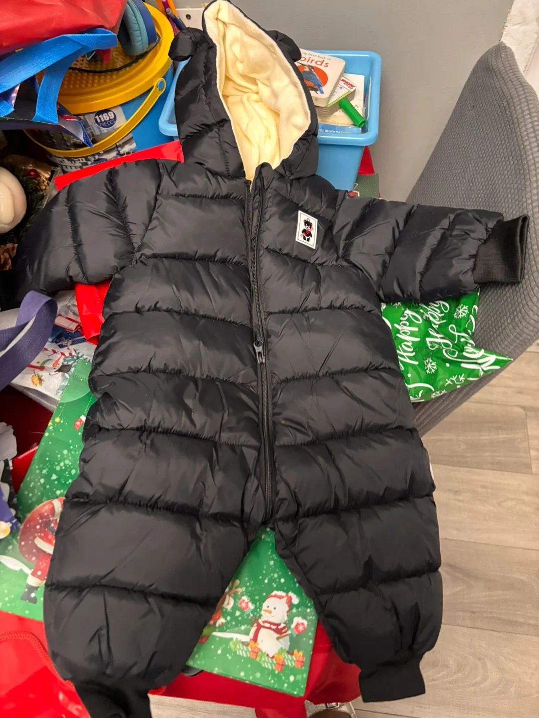 Black Padded Snowsuit with Hood