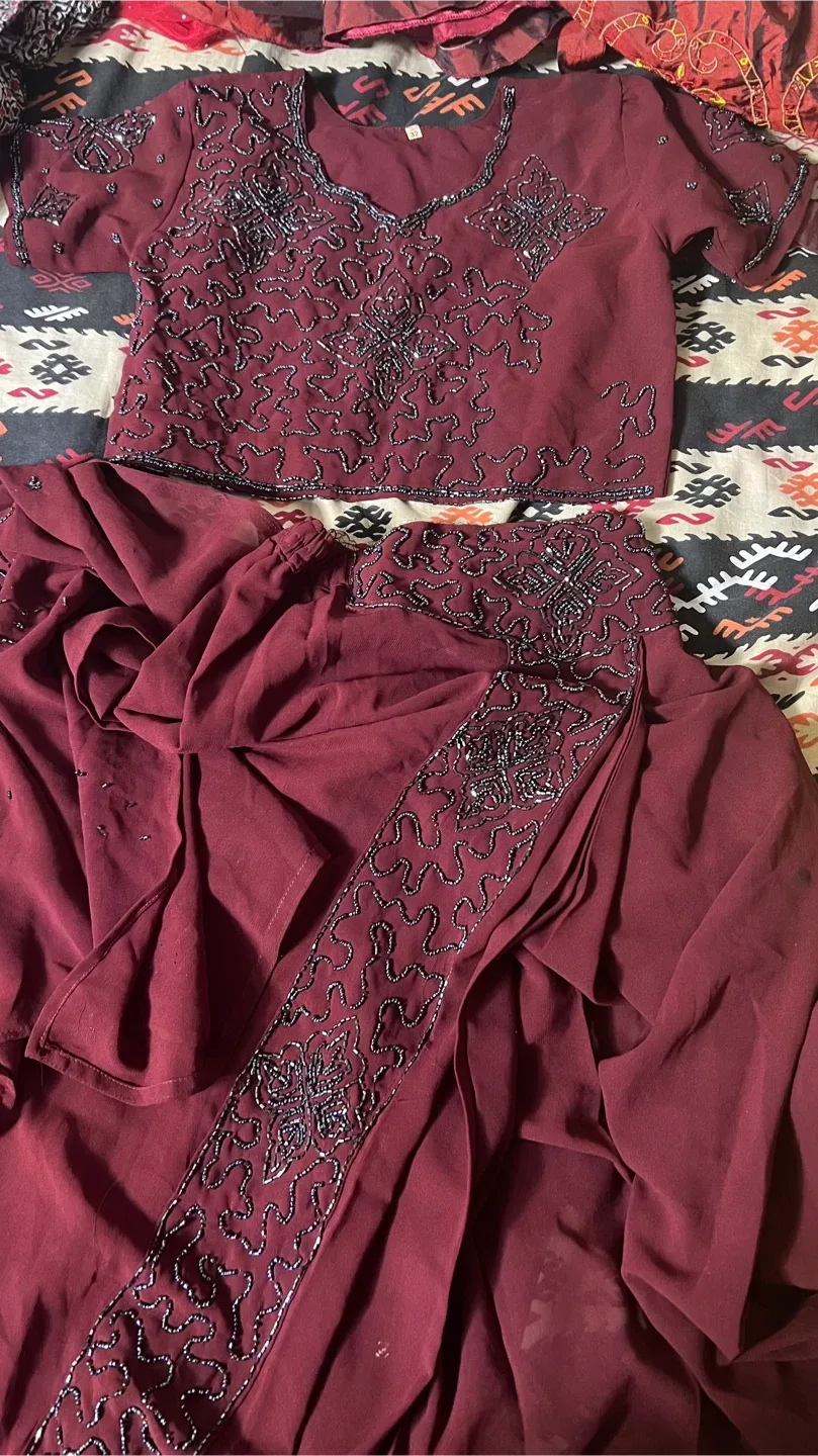 Burgundy Beaded Sari Dress Young Girl