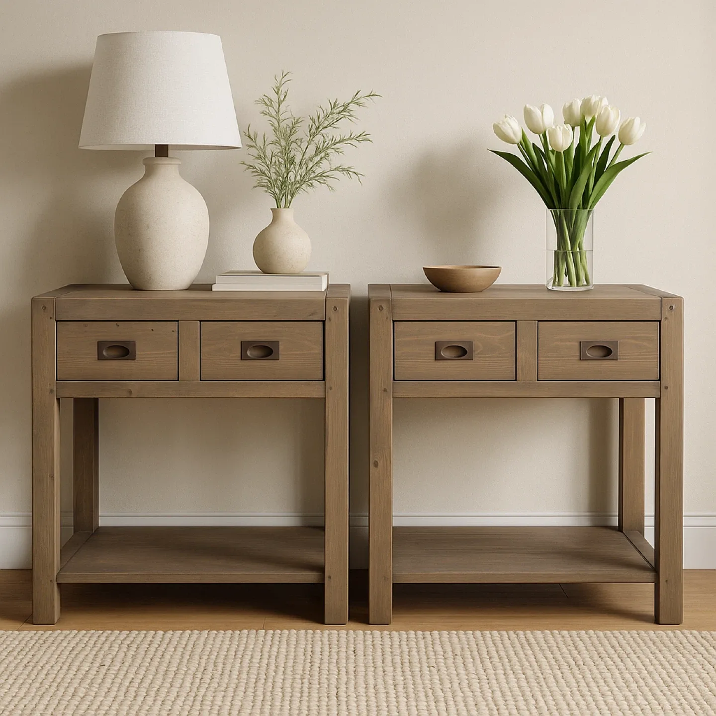 Set of 2 Solid Wood Nightstands | Built-In Outlets + USB