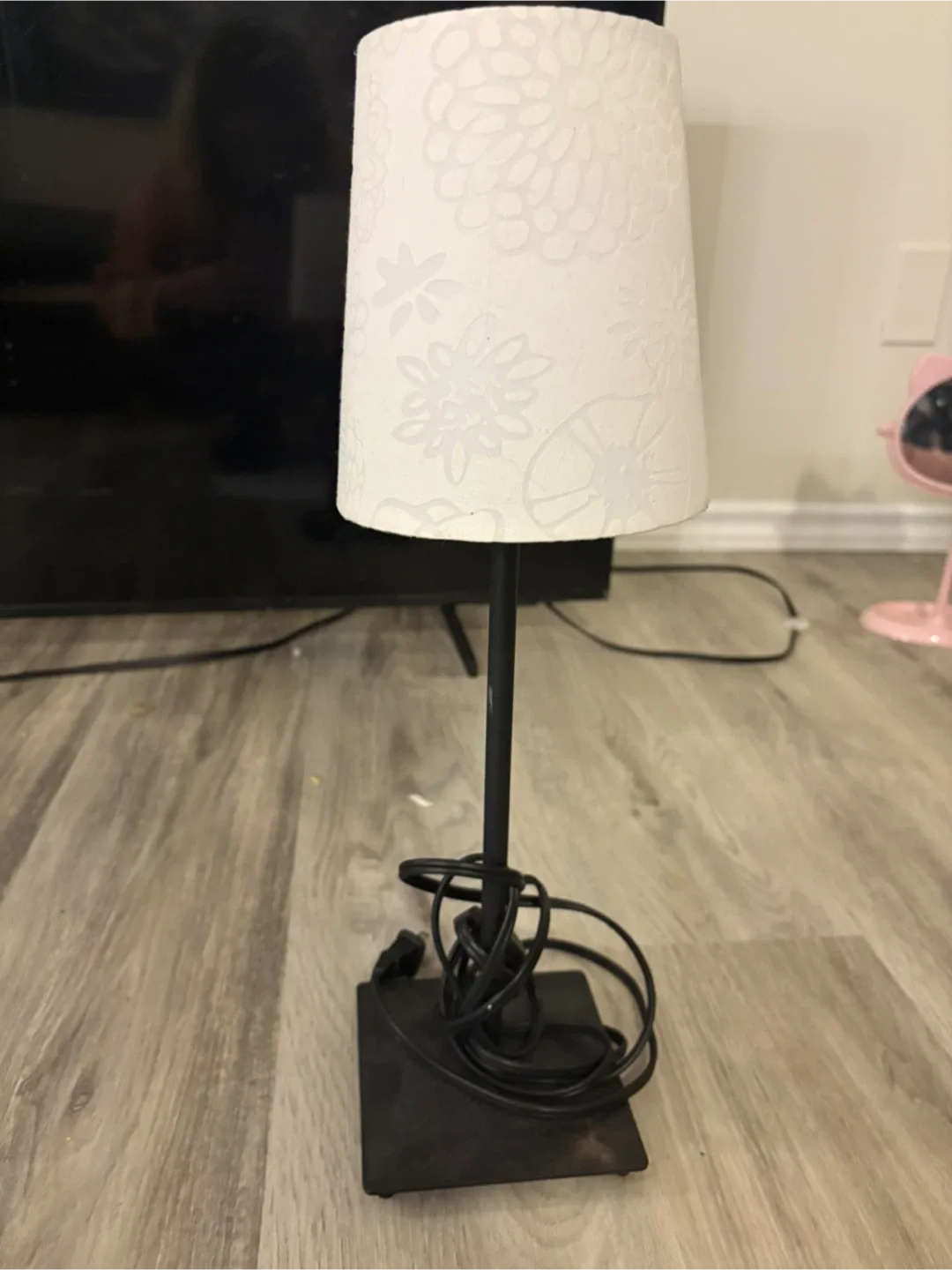 Small Black Table Lamp with White Floral Shade