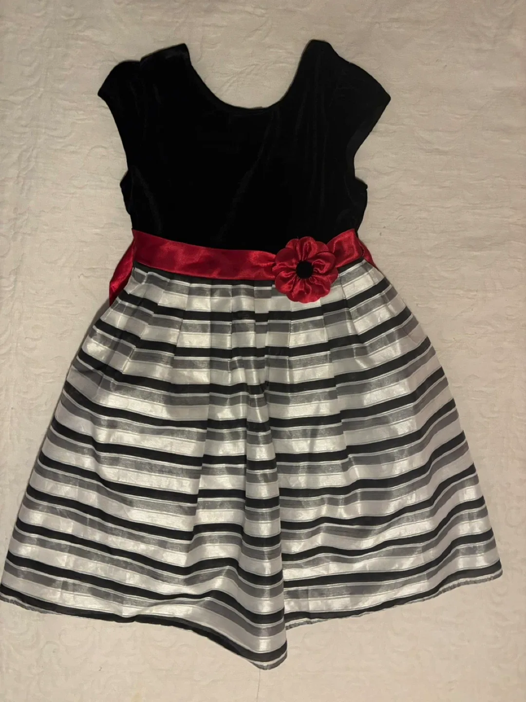 Girls' Black Velvet & Striped Dress