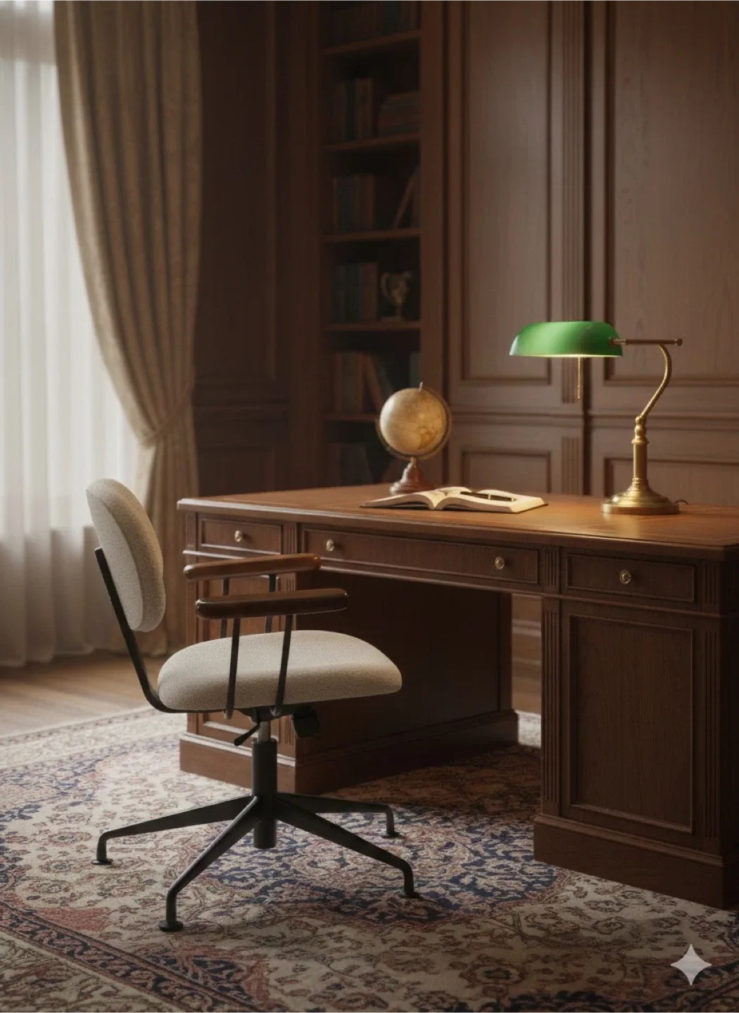 Office Chair - Grey Fabric & Wood Armrests