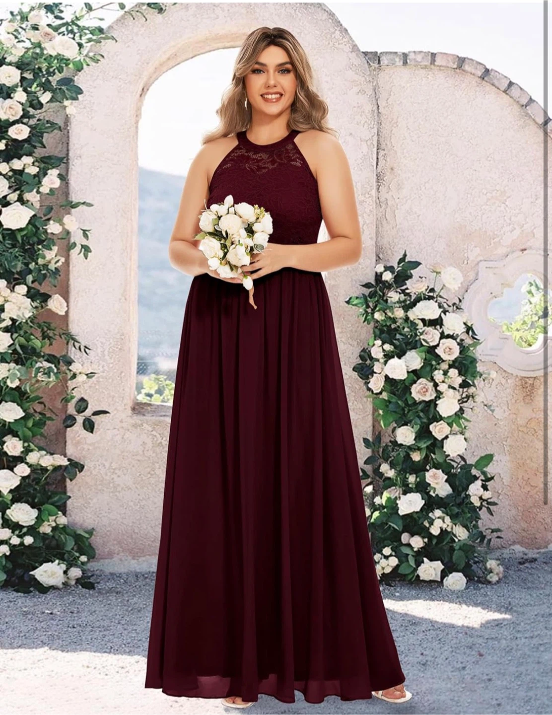 NEW! Wedtrend Halter Sleeveless Burgundy Lace Top Formal Dress - photo 2
