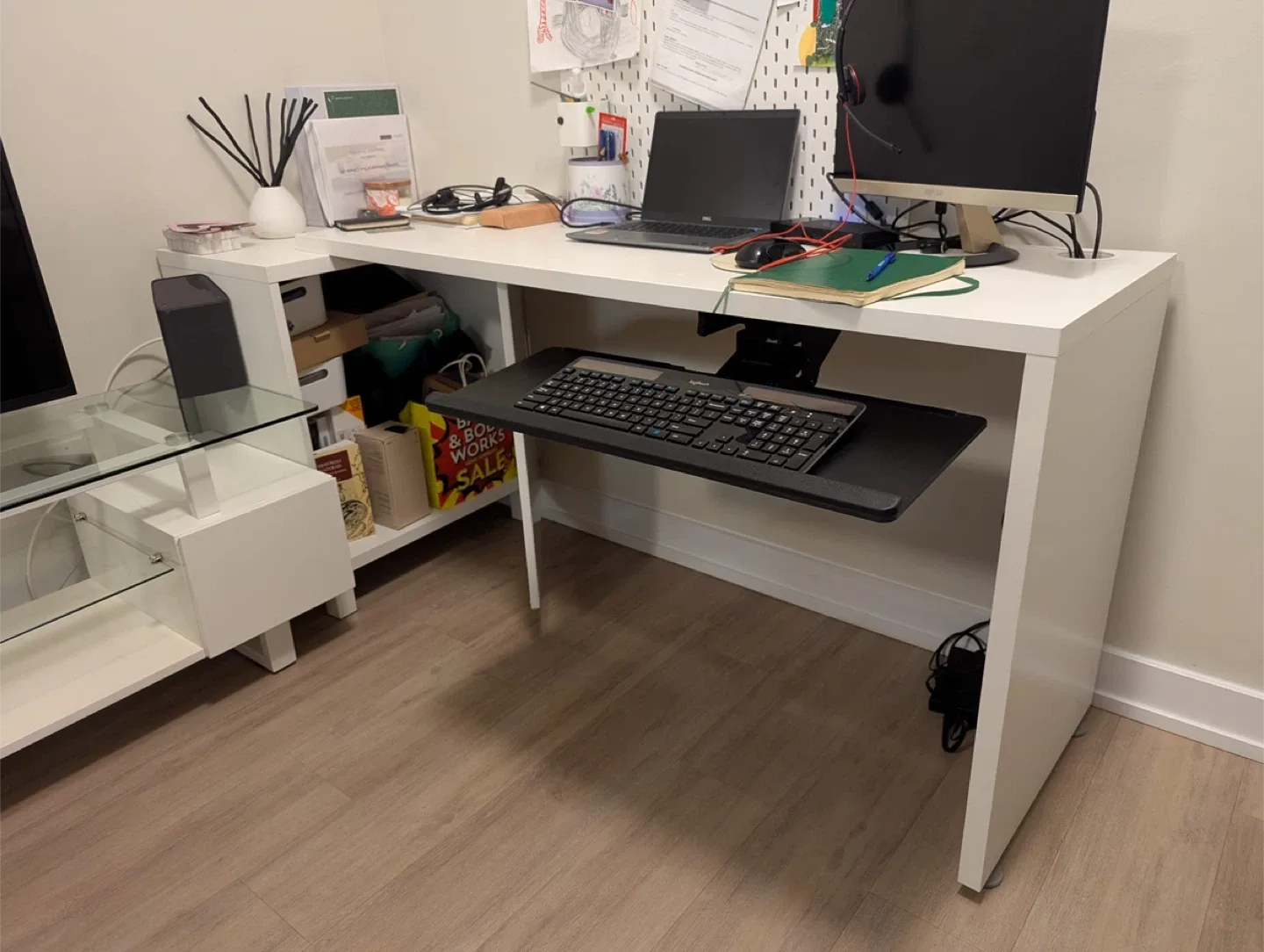 IKEA Micke White Desk with Pull-Out Keyboard Tray and cabinet